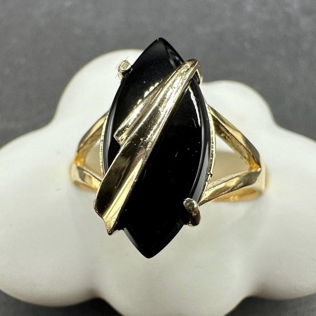 Solid 14K Yellow Gold Ring with Marquise Black Onyx – Size 7.5