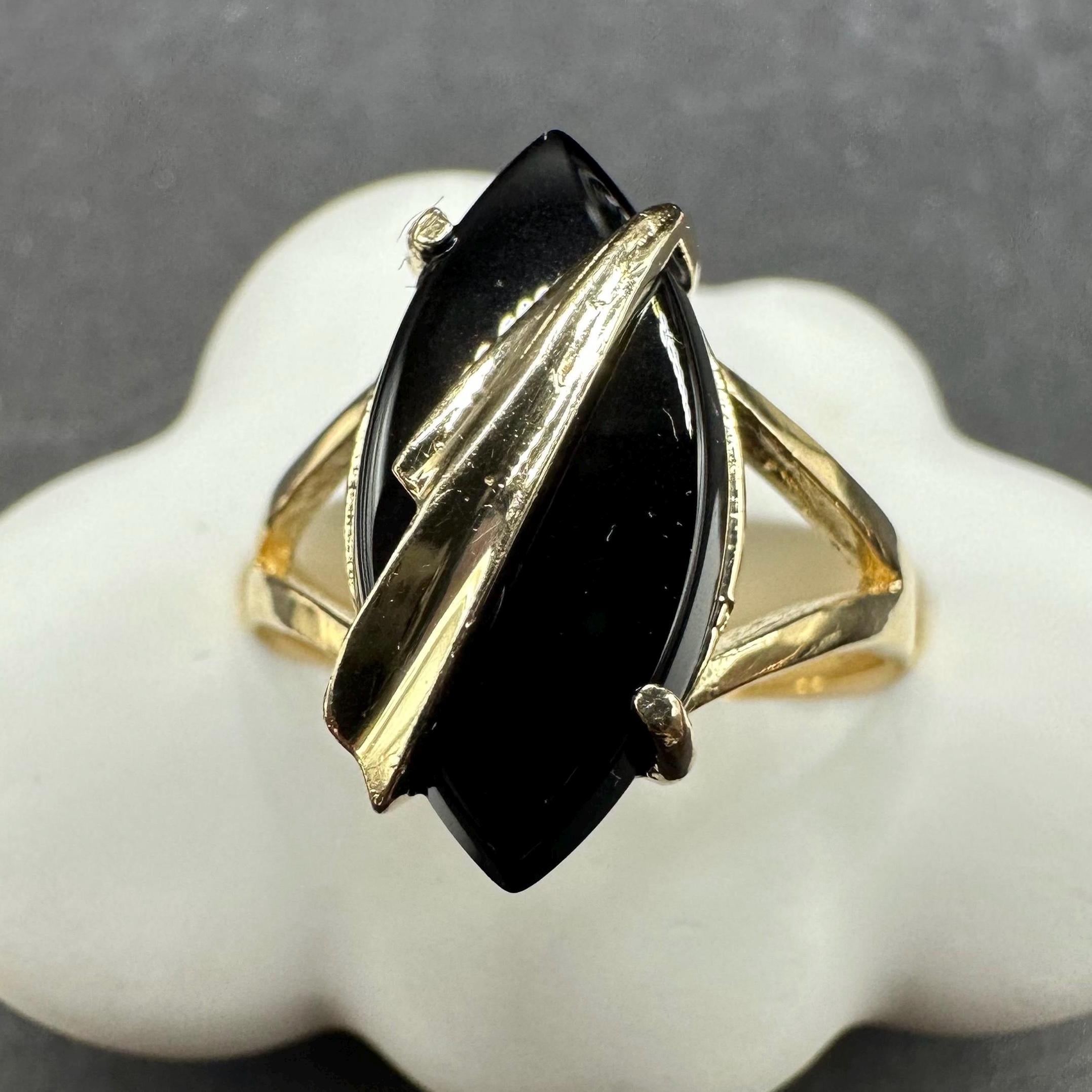Solid 14K Yellow Gold Ring with Marquise Black Onyx – Size 7.5