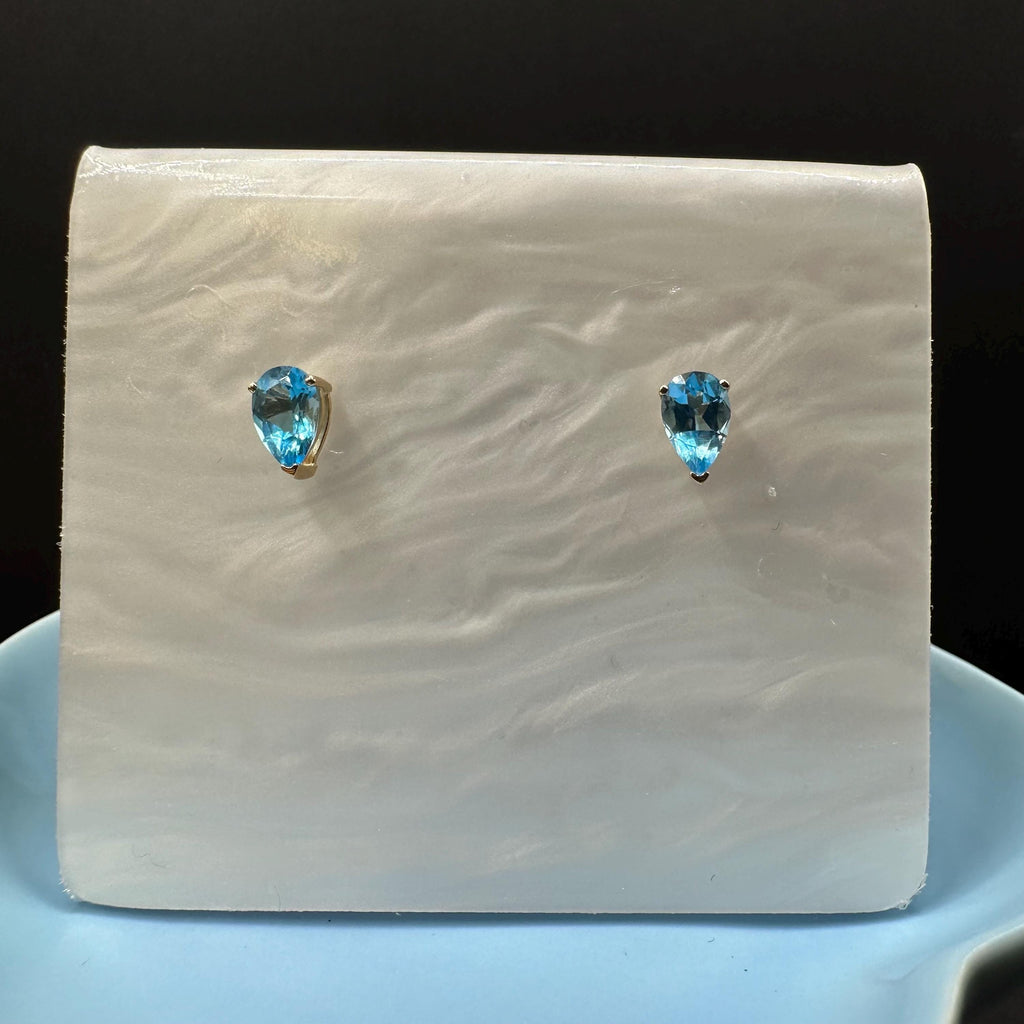 14K Solid Gold Pear Shape Blue Topaz Stud Earrings