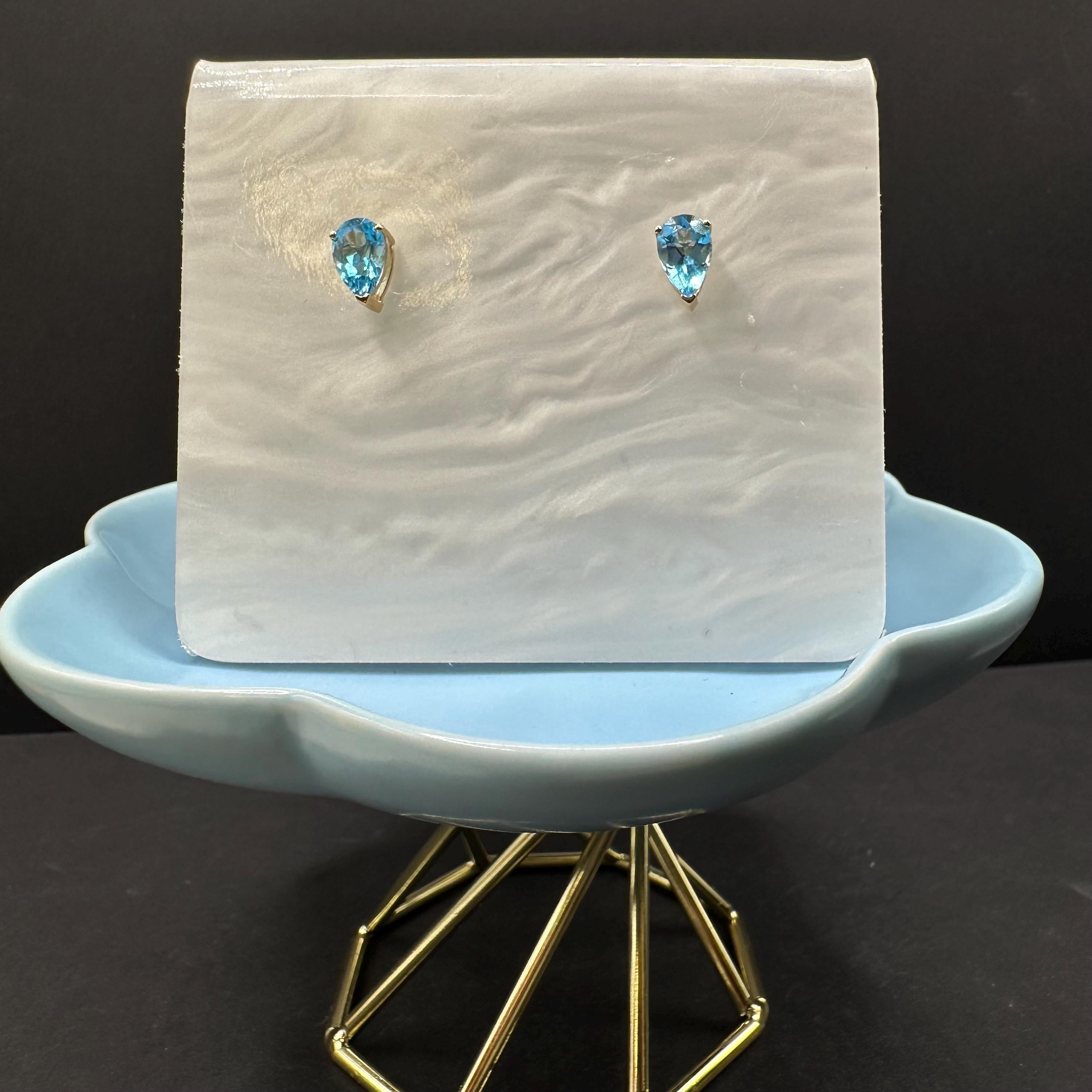14K Solid Gold Pear Shape Blue Topaz Stud Earrings