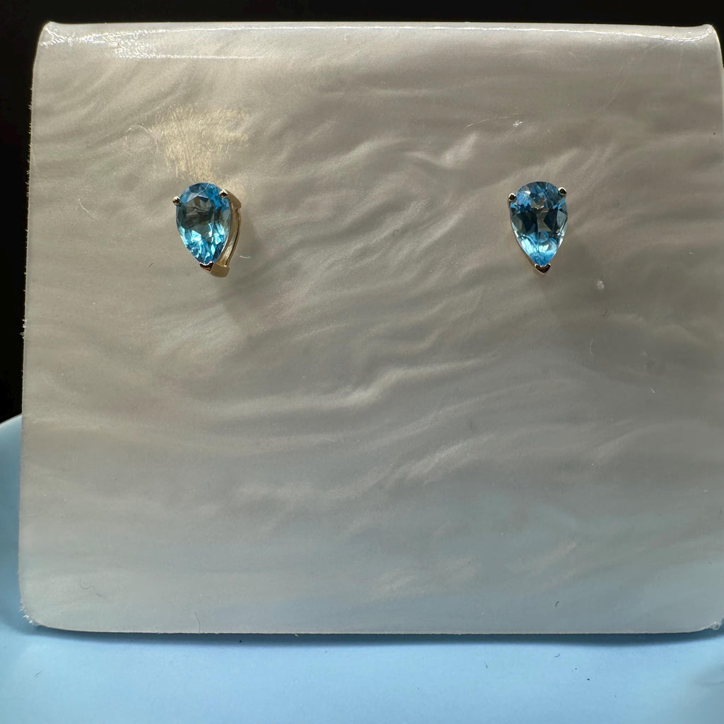 14K Solid Gold Pear Shape Blue Topaz Stud Earrings