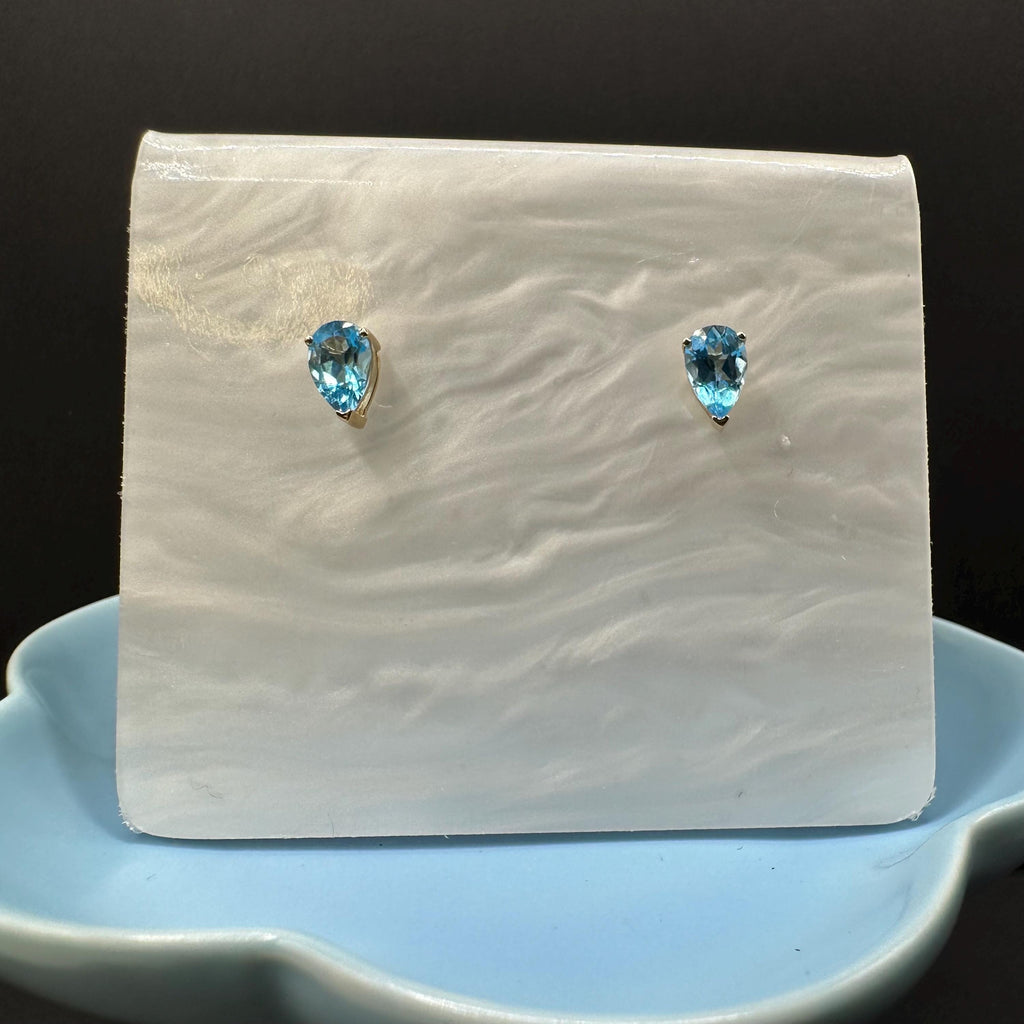 14K Solid Gold Pear Shape Blue Topaz Stud Earrings