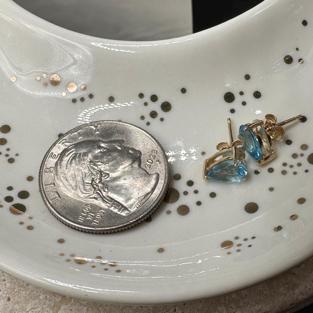 14K Solid Gold Pear Shape Blue Topaz Stud Earrings