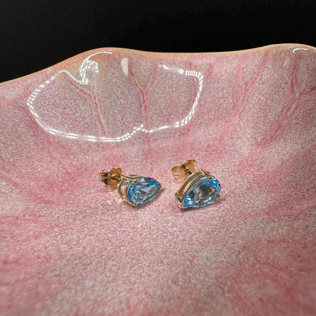 14K Solid Gold Pear Shape Blue Topaz Stud Earrings