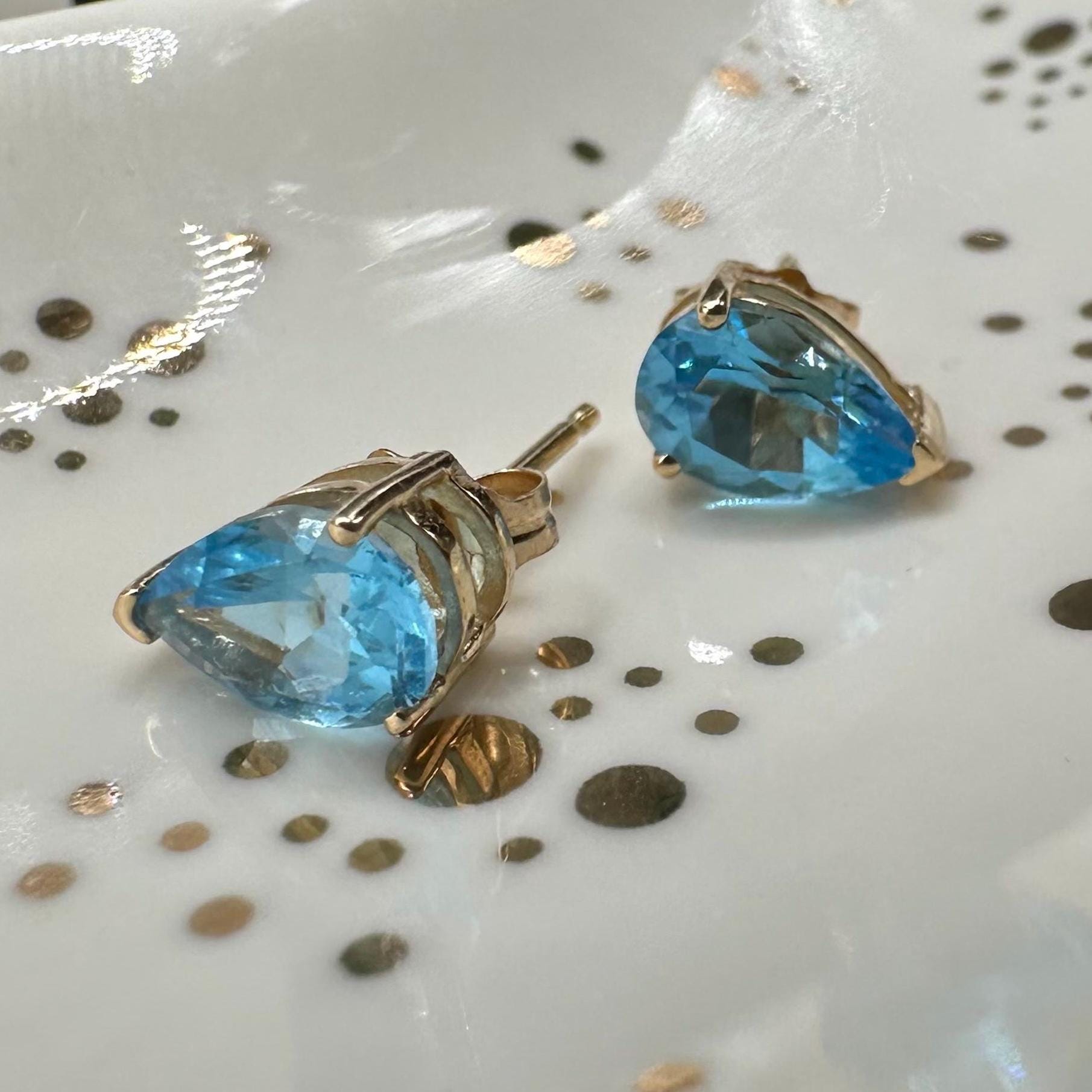 14K Solid Gold Pear Shape Blue Topaz Stud Earrings