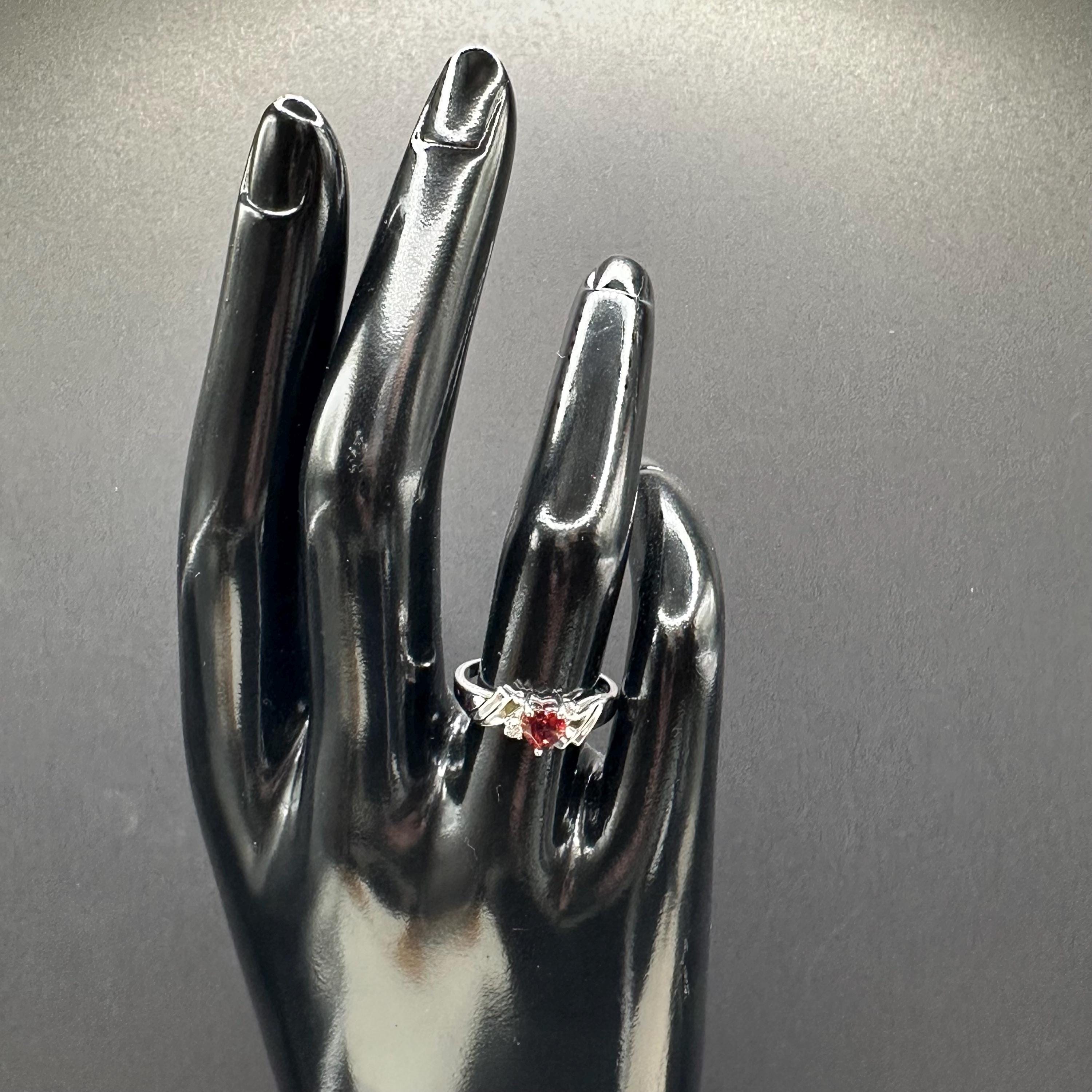 Solid 10K White Gold Ring with Heart Cut Garnet & Diamond Ring Accents - Size 6