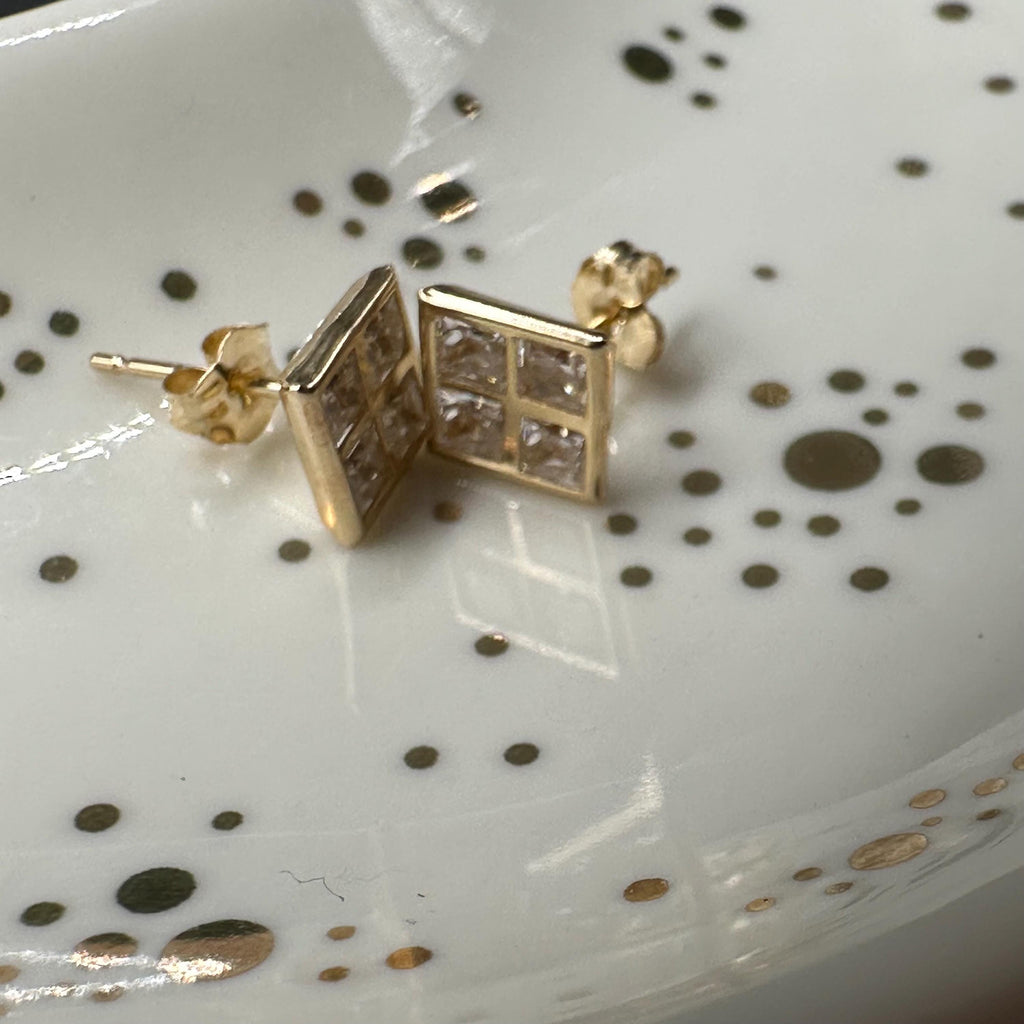 Solid 14K Yellow Gold Square Stud Earrings with Gemstones