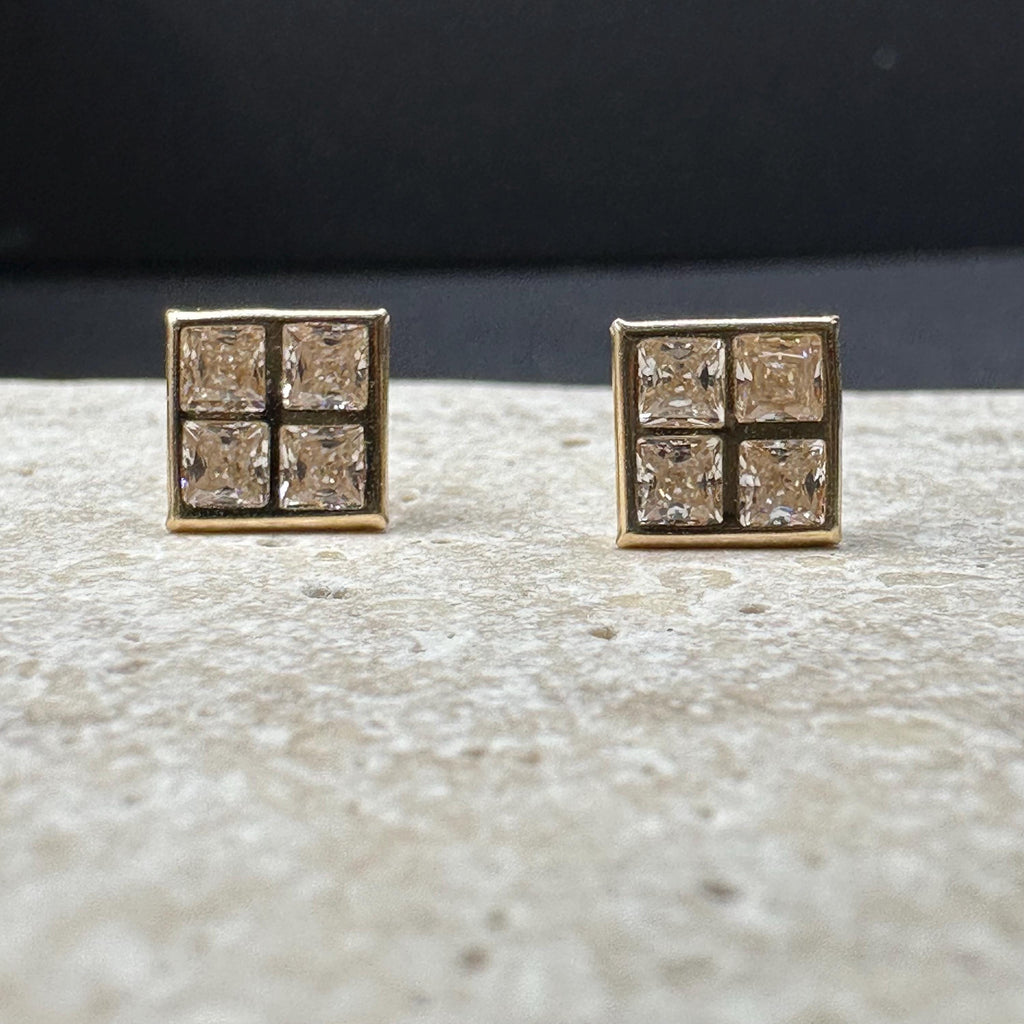 Solid 14K Yellow Gold Square Stud Earrings with Gemstones
