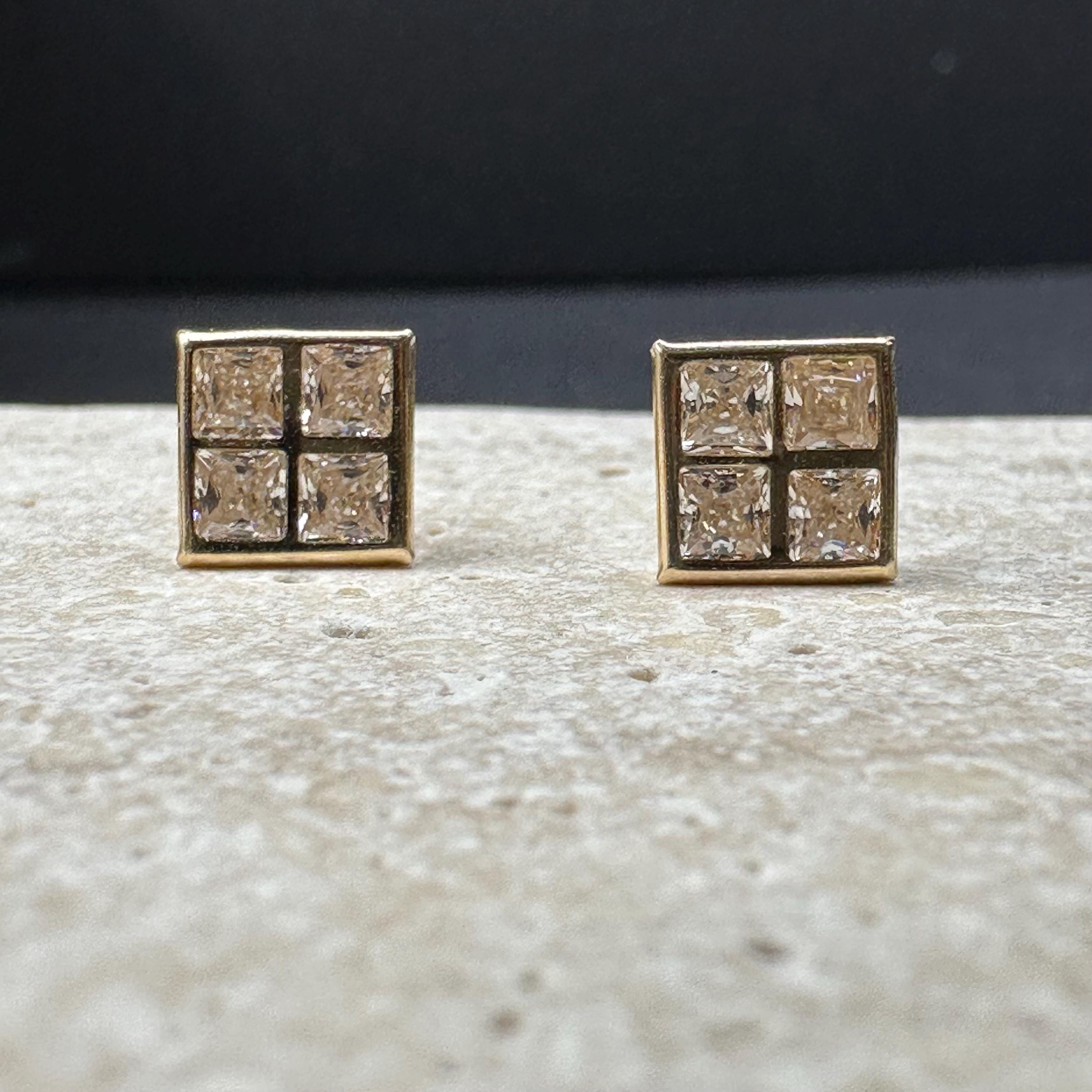 Solid 14K Yellow Gold Square Stud Earrings with Gemstones