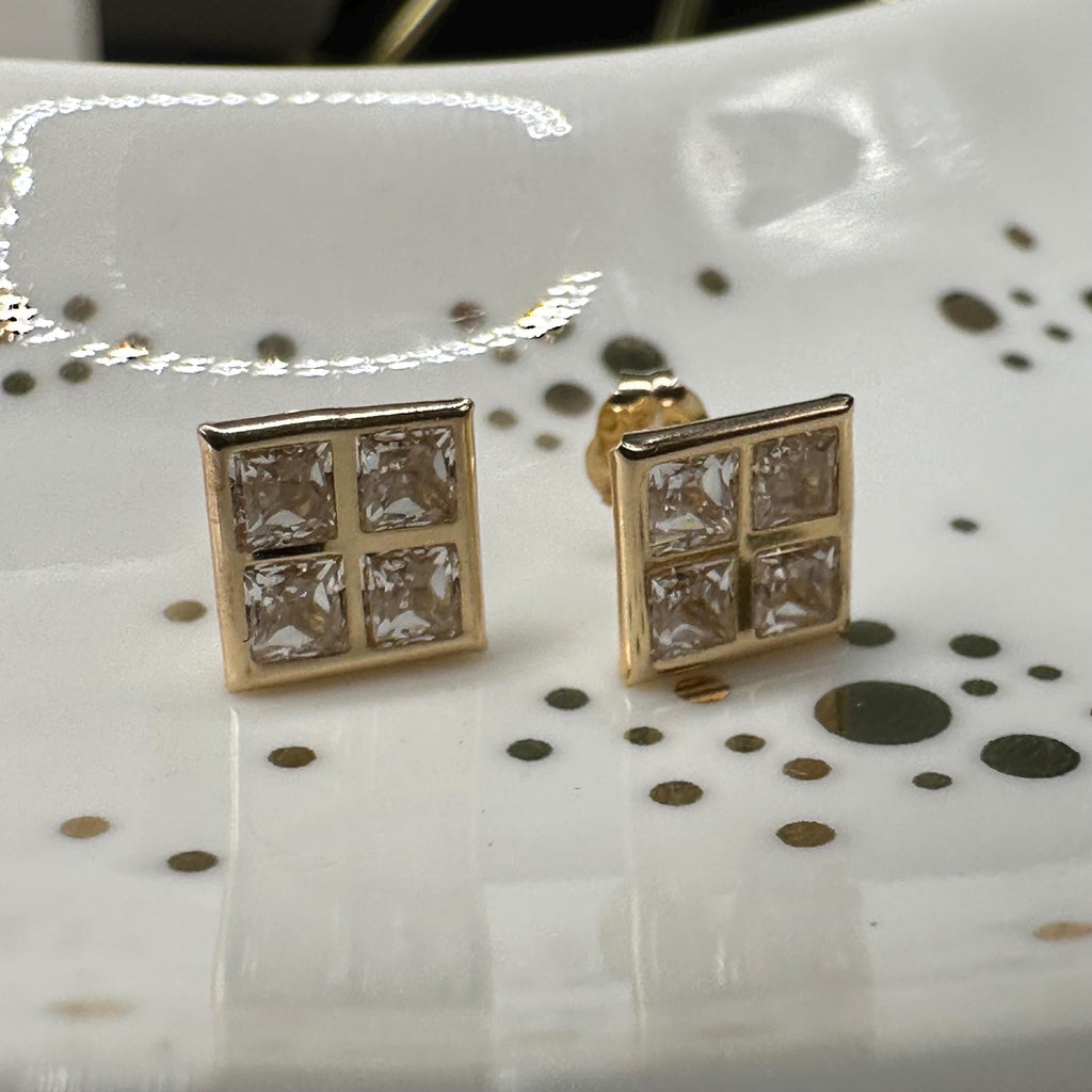 Solid 14K Yellow Gold Square Stud Earrings with Gemstones