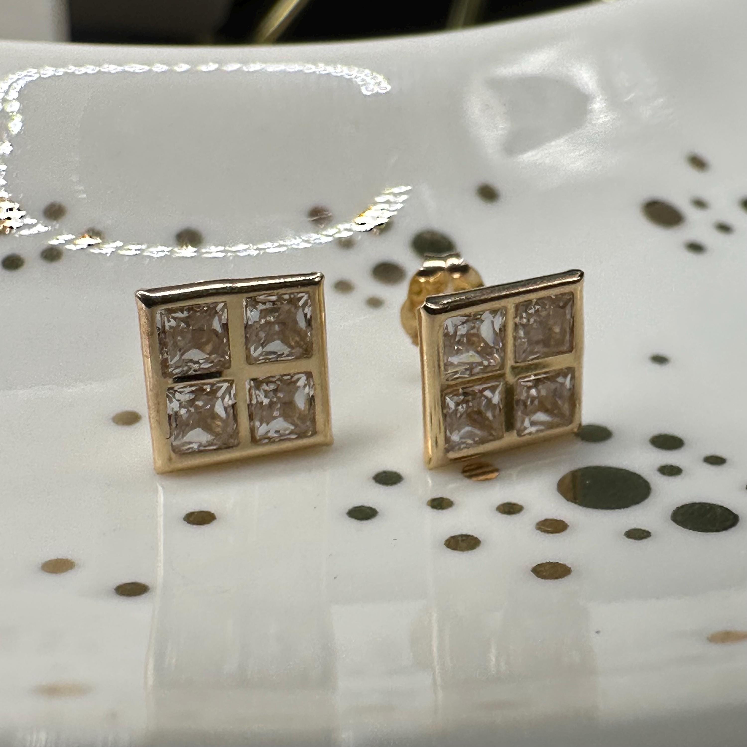 Solid 14K Yellow Gold Square Stud Earrings with Gemstones