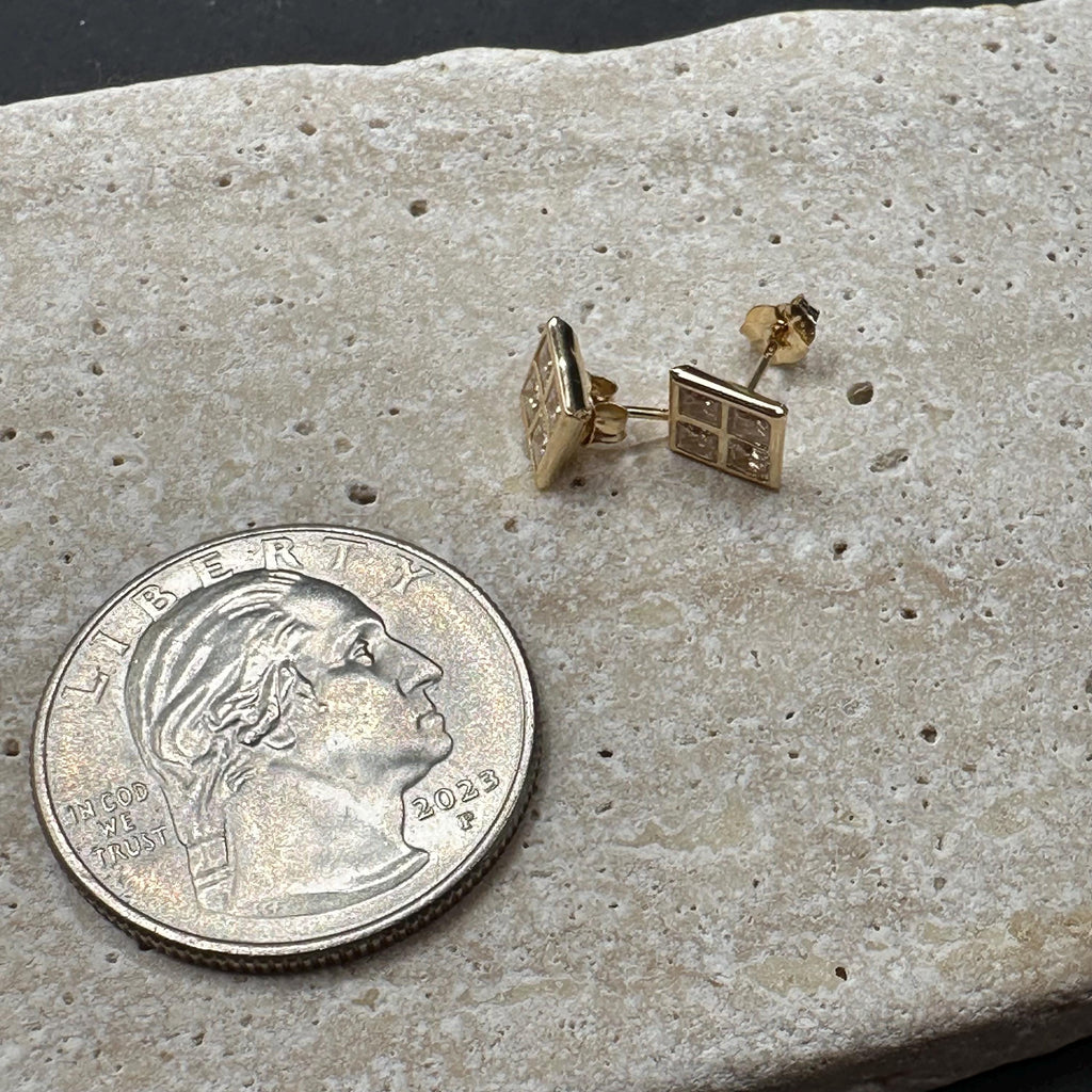 Solid 14K Yellow Gold Square Stud Earrings with Gemstones