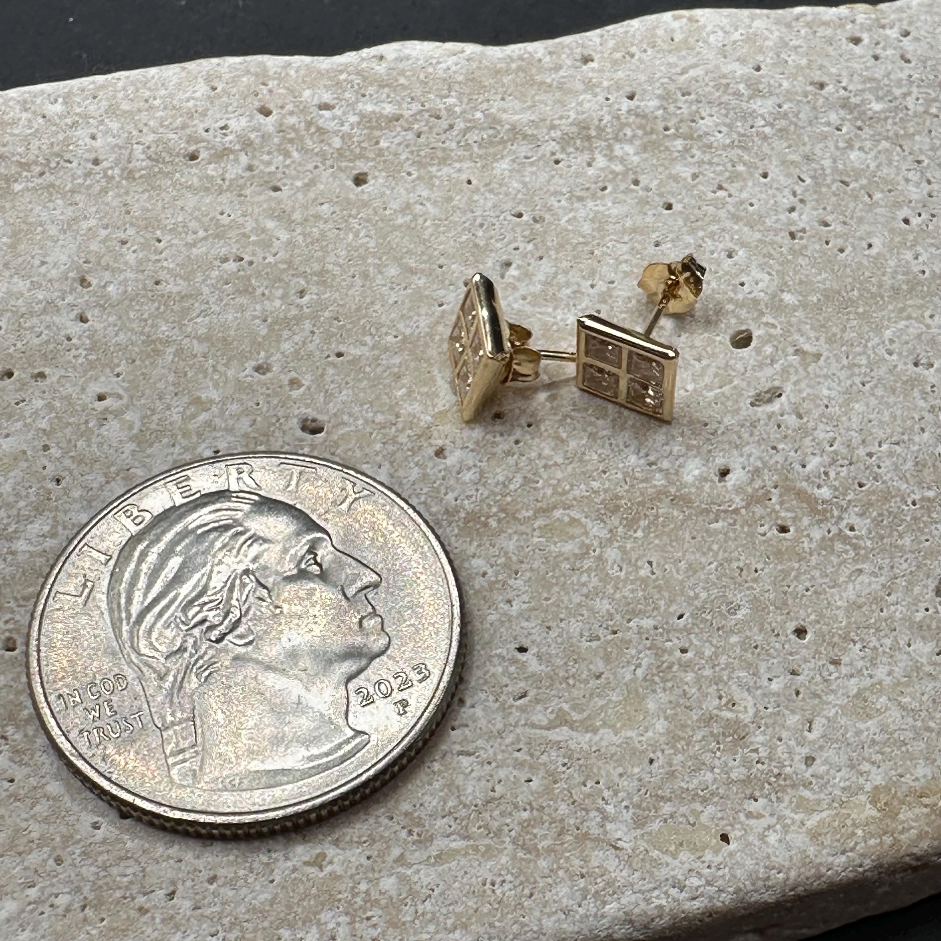 Solid 14K Yellow Gold Square Stud Earrings with Gemstones