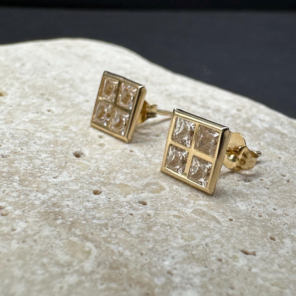 Solid 14K Yellow Gold Square Stud Earrings with Gemstones