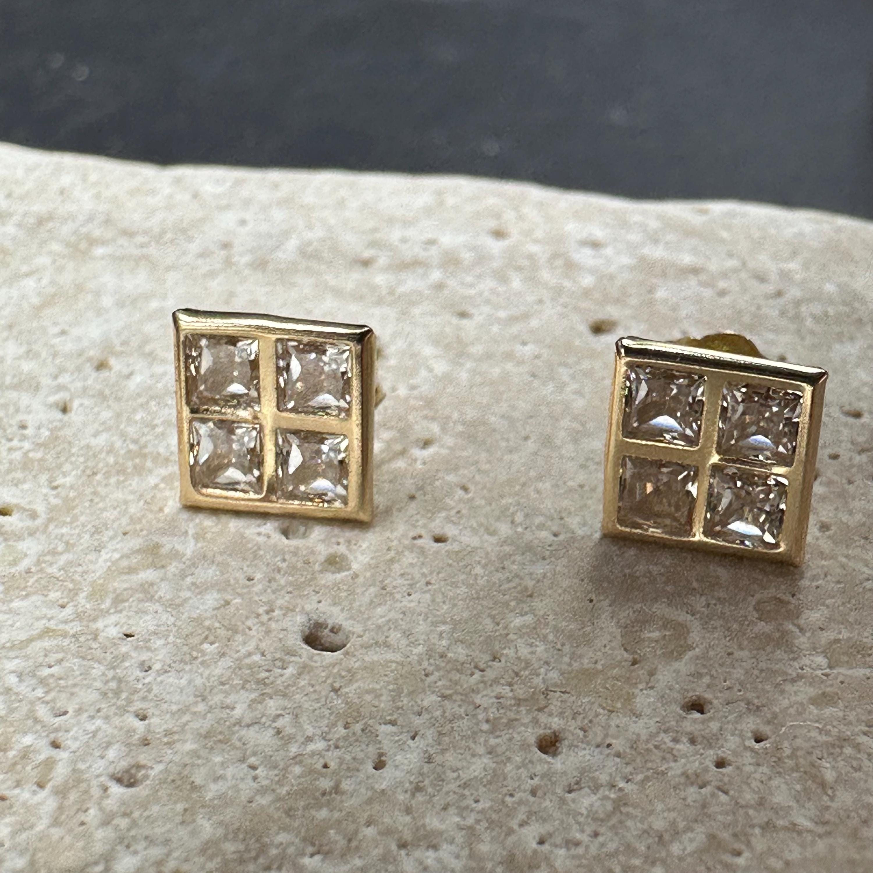 Solid 14K Yellow Gold Square Stud Earrings with Gemstones