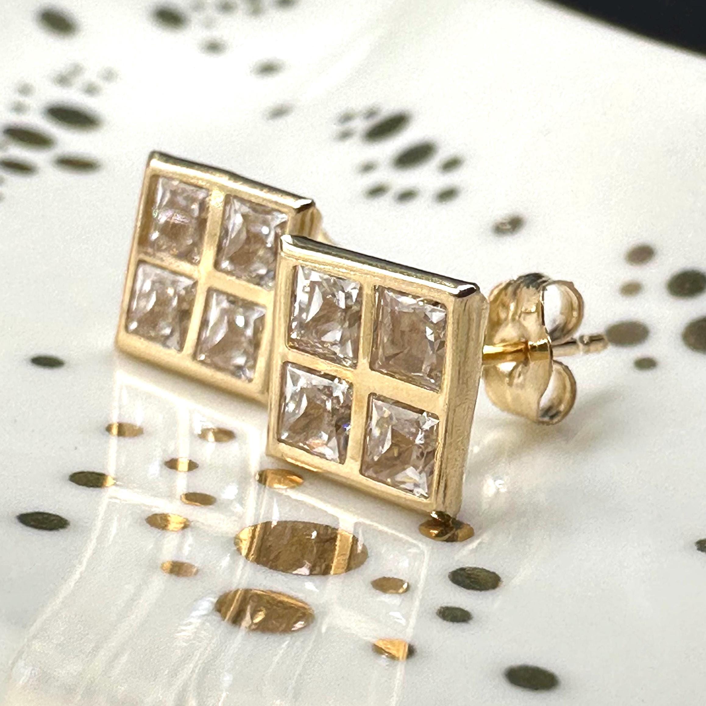 Solid 14K Yellow Gold Square Stud Earrings with Gemstones