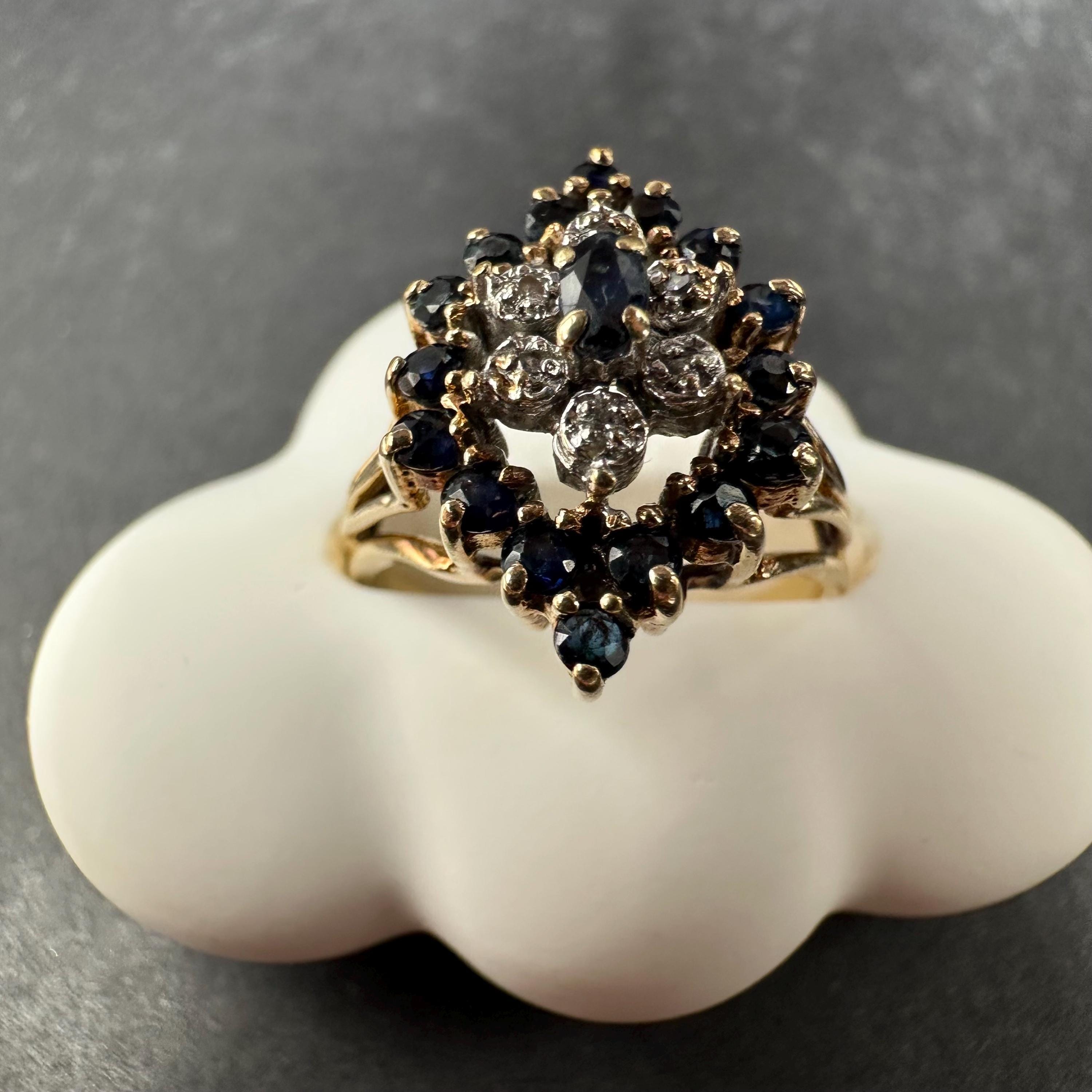 Solid 10K Yellow Gold Ring with Blue Sapphires and Diamonds - Size 5.5