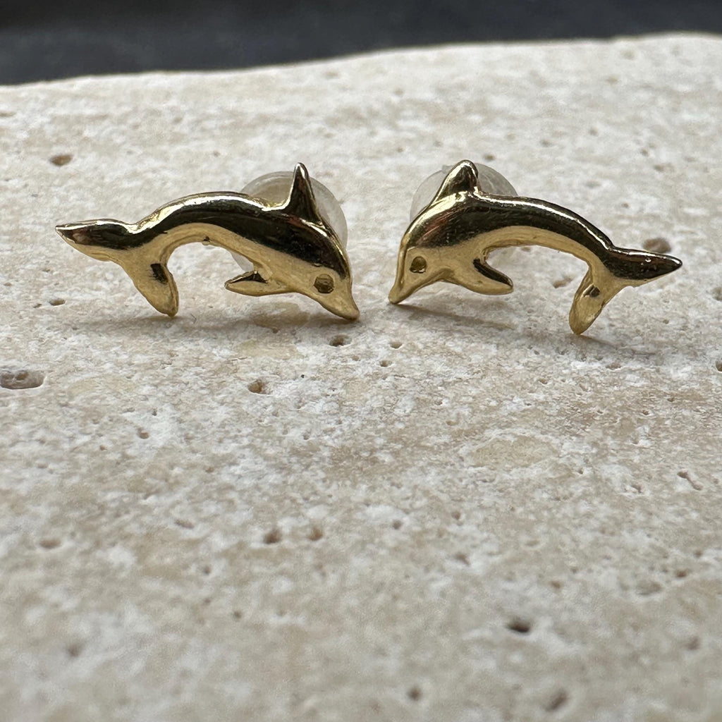 14K Solid Gold Dolphin Stud Earrings