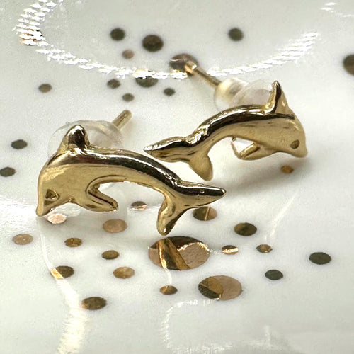 14K Solid Gold Dolphin Stud Earrings