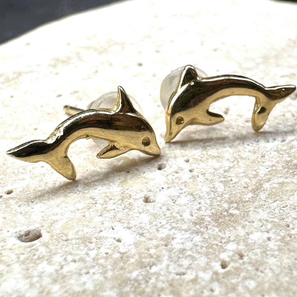 14K Solid Gold Dolphin Stud Earrings