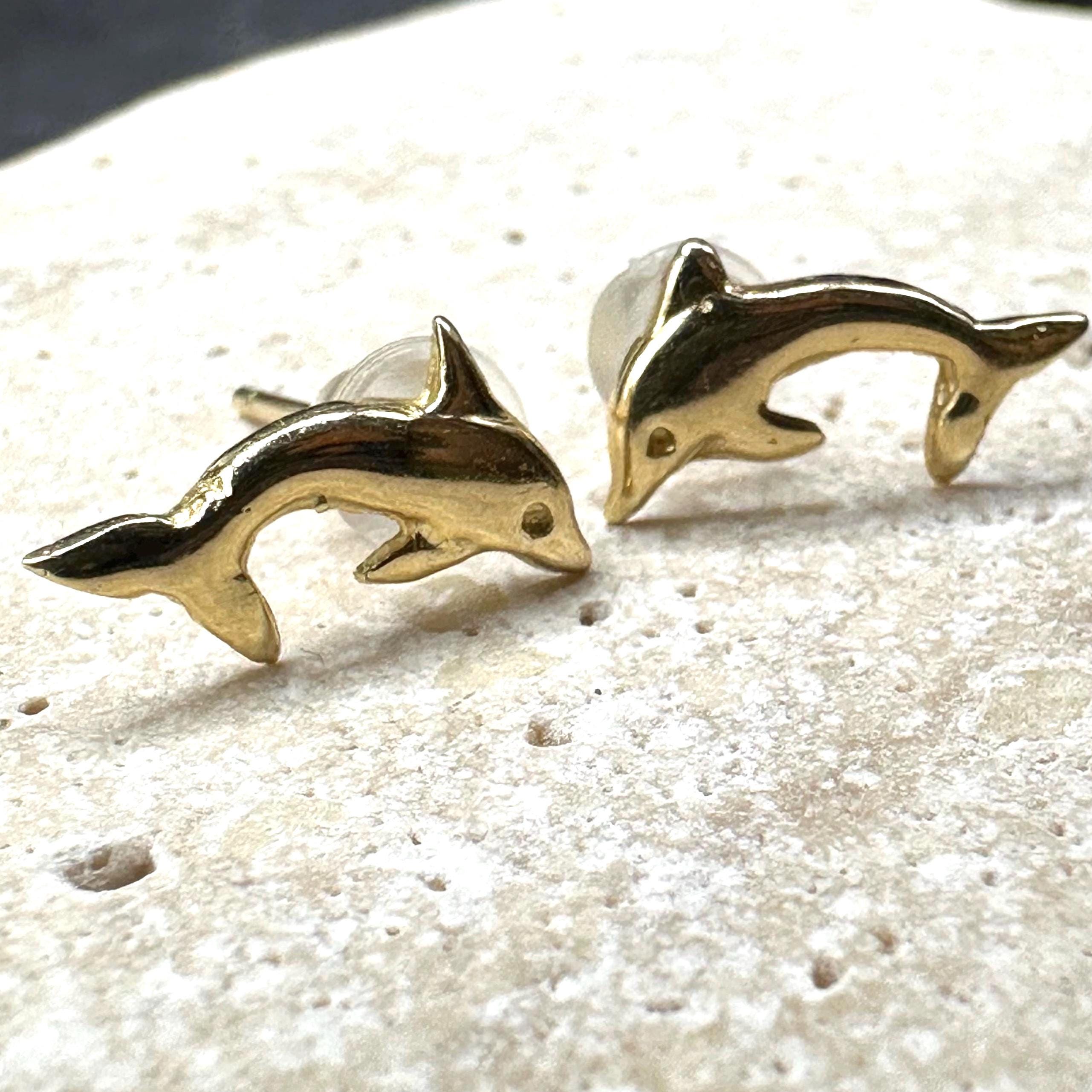 14K Solid Gold Dolphin Stud Earrings
