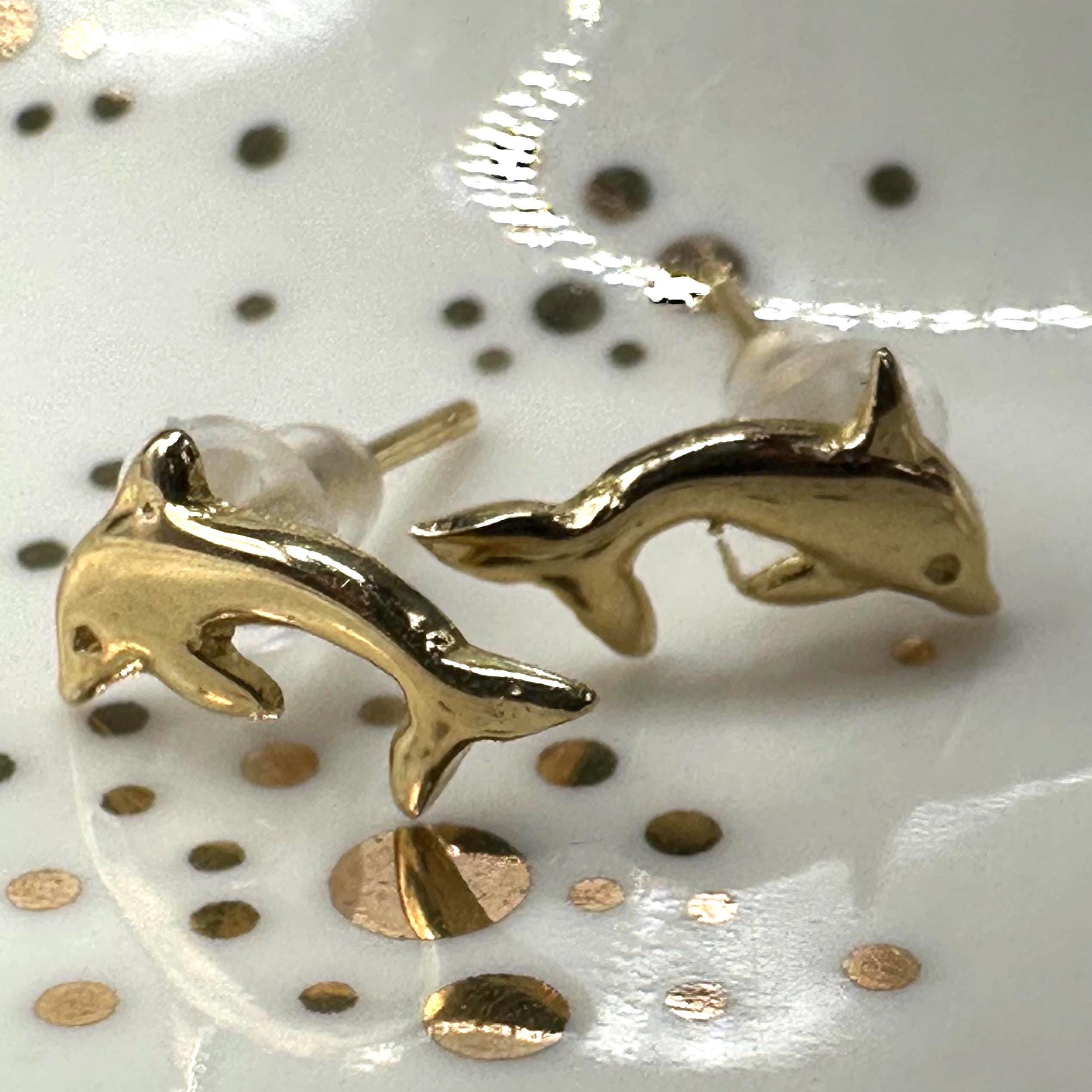 14K Solid Gold Dolphin Stud Earrings