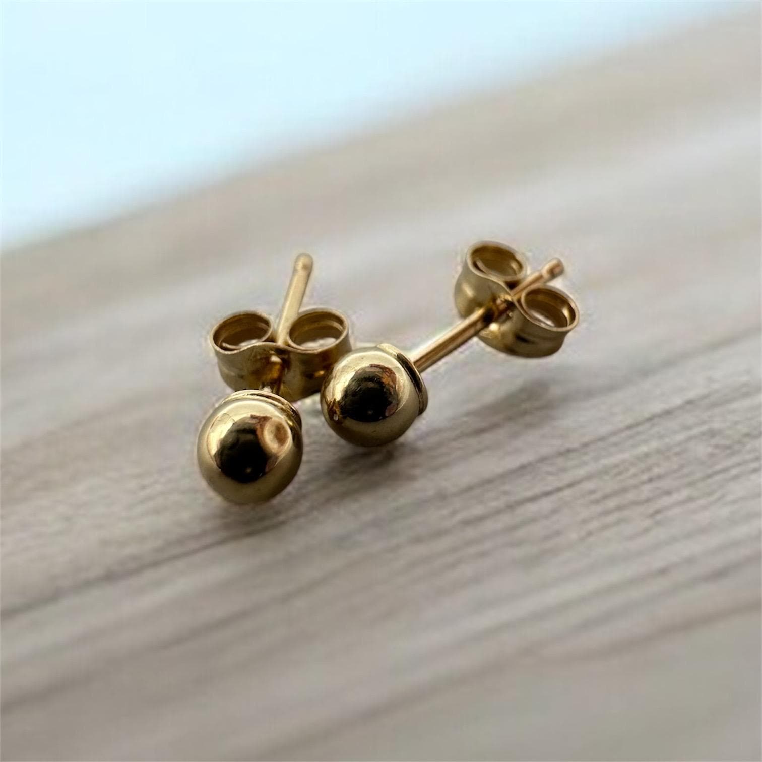 Solid 14K Yellow Gold Ball Stud Earrings (Small Dent in one)