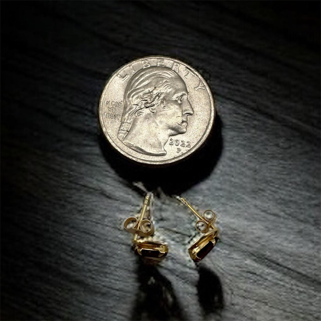 Solid 14K Yellow Gold Stud Earrings with Pear-Cut Burgundy Gemstones