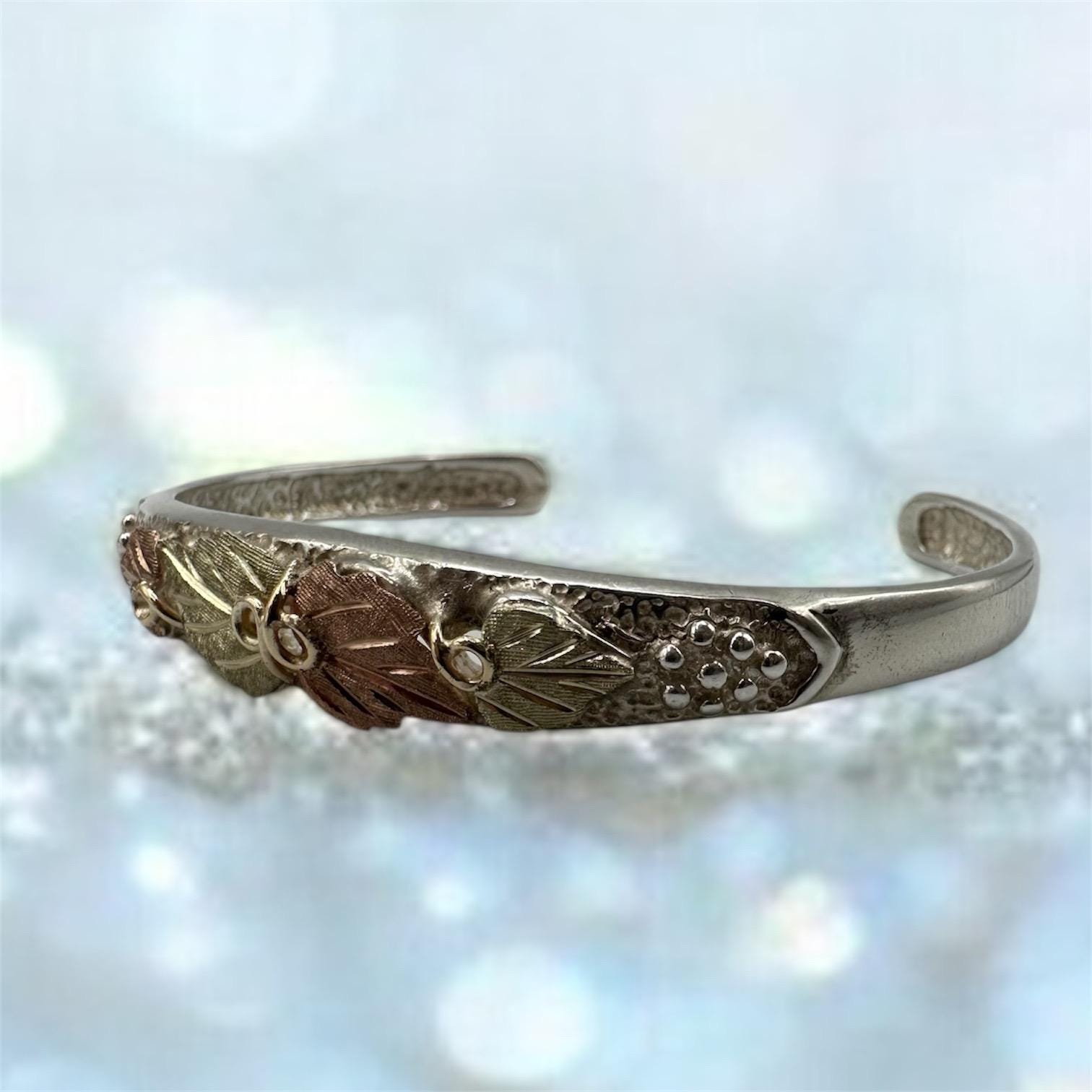 Black Hills Sterling Silver Cuff Bracelet - Solid 10K Gold Leaf Accents 6.75"