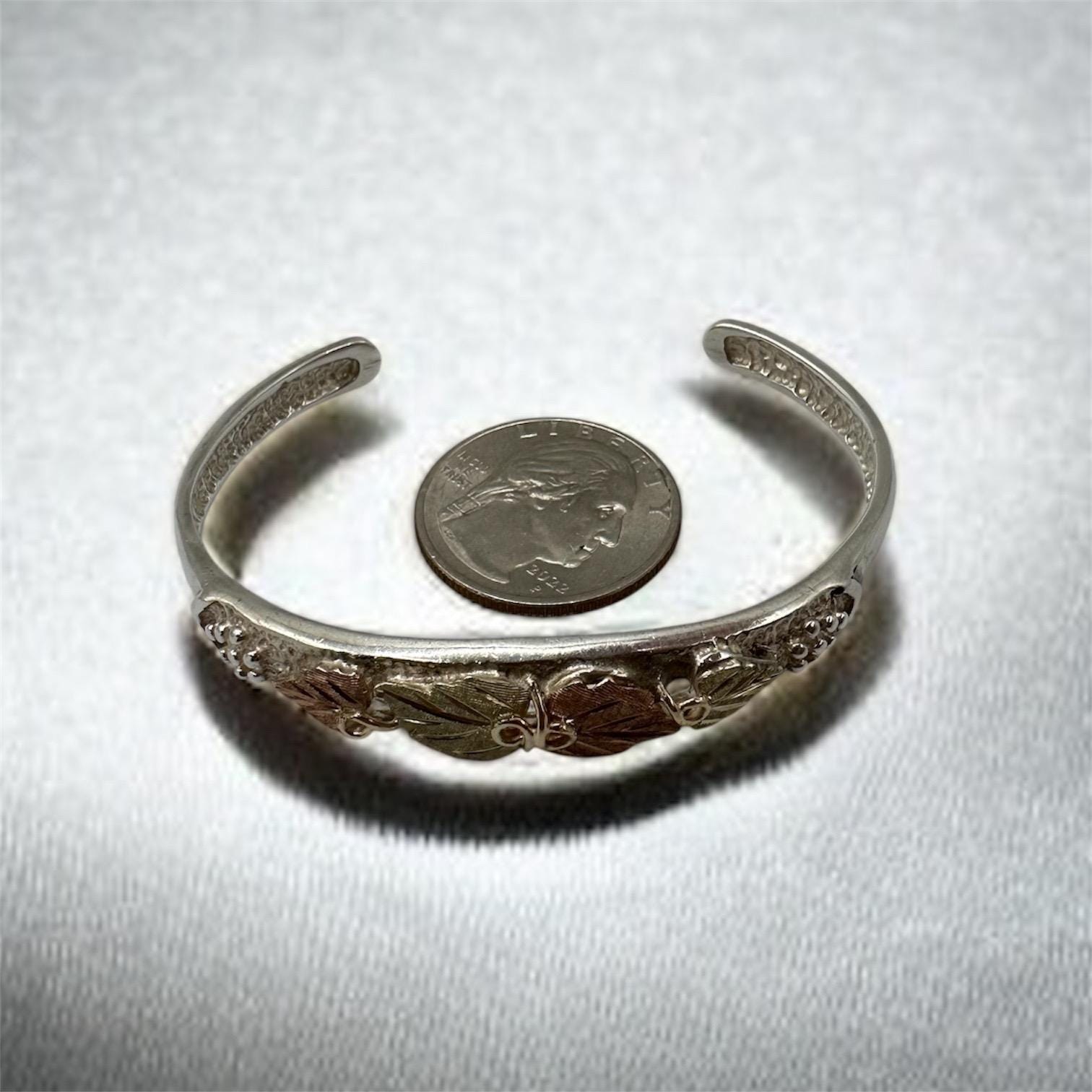 Black Hills Sterling Silver Cuff Bracelet - Solid 10K Gold Leaf Accents 6.75"