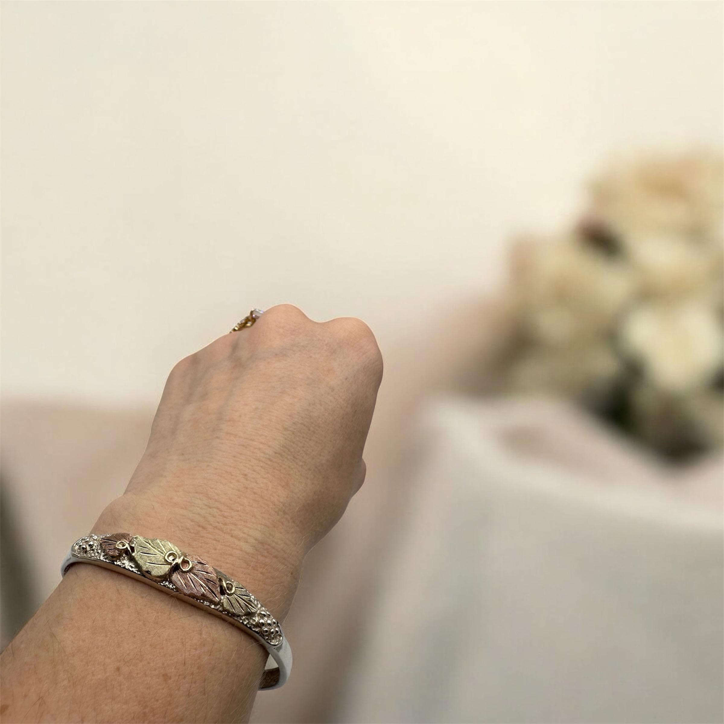 Black Hills Sterling Silver Cuff Bracelet - Solid 10K Gold Leaf Accents 6.75"