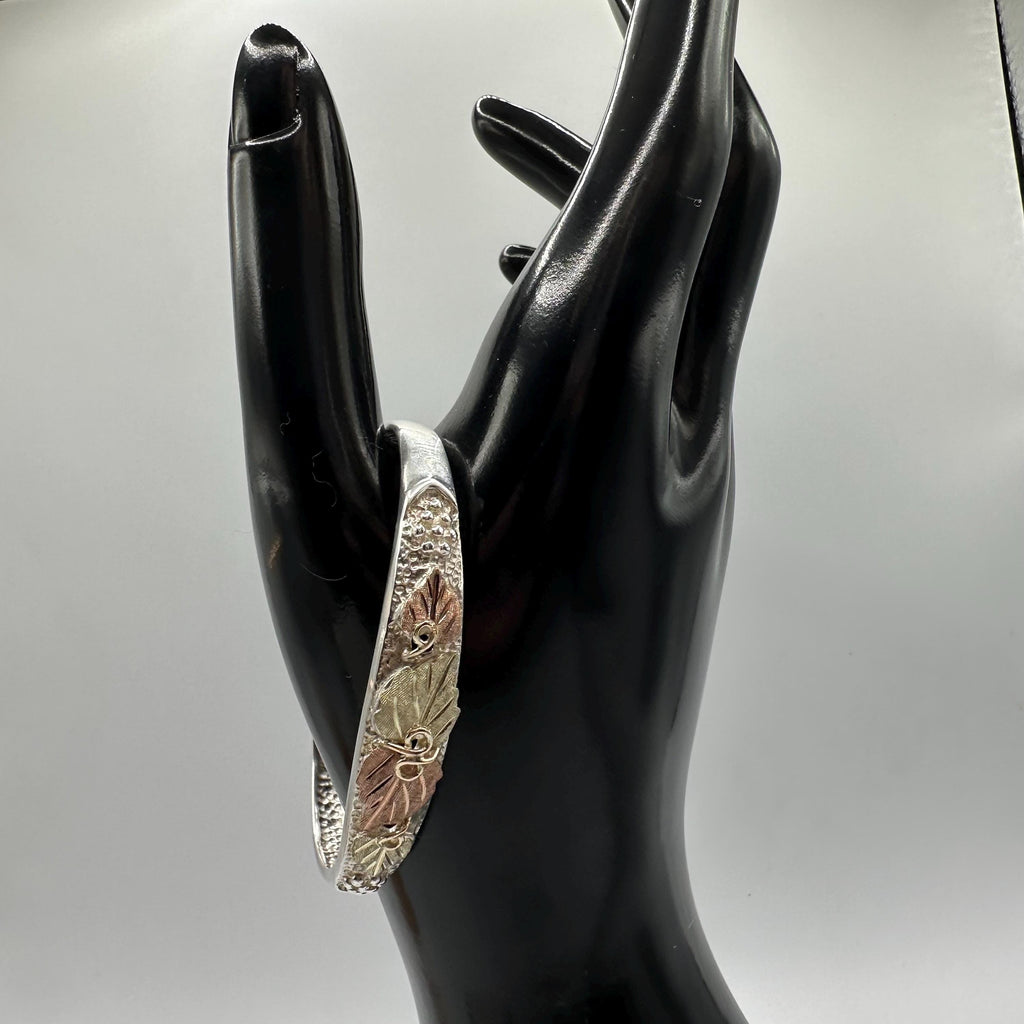 Black Hills Sterling Silver Cuff Bracelet - Solid 10K Gold Leaf Accents 6.75"