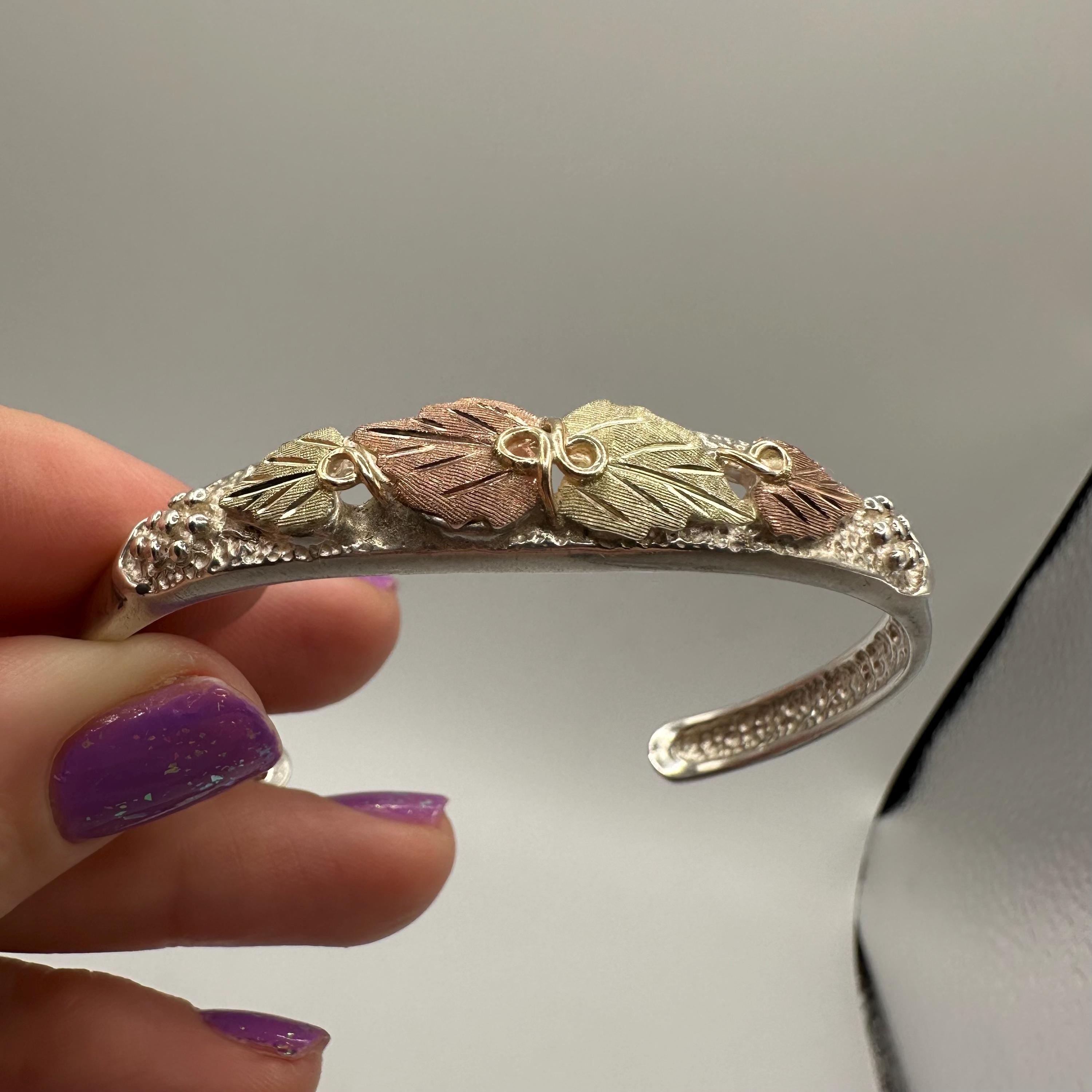 Black Hills Sterling Silver Cuff Bracelet - Solid 10K Gold Leaf Accents 6.75"