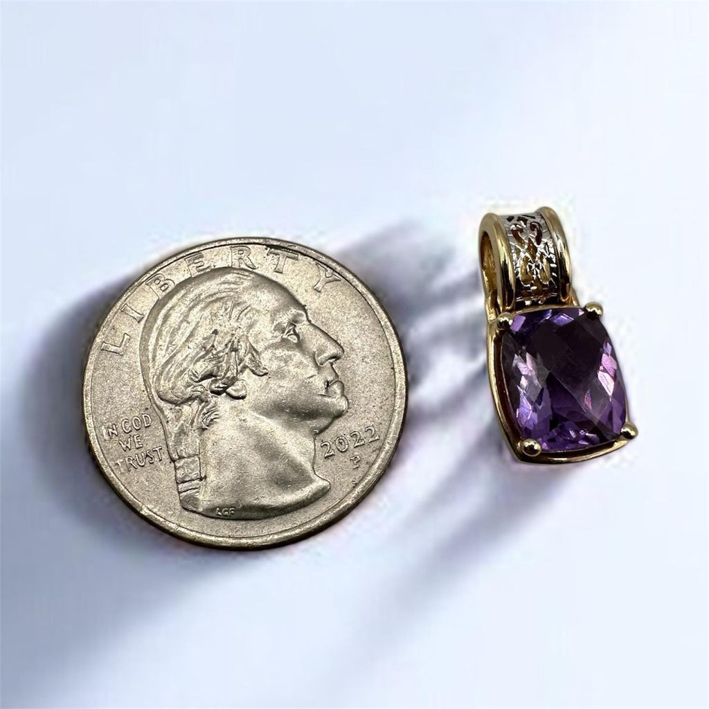 Solid 14k Gold Necklace Pendant with Cushion-Cut Amethyst