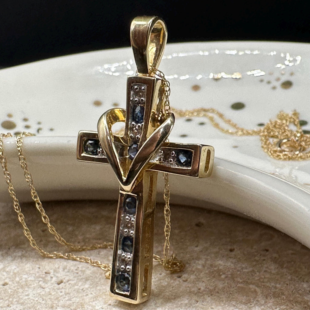 Solid 10K Gold Cross Pendant Necklace - Blue Sapphires & Diamonds - 18 Inch