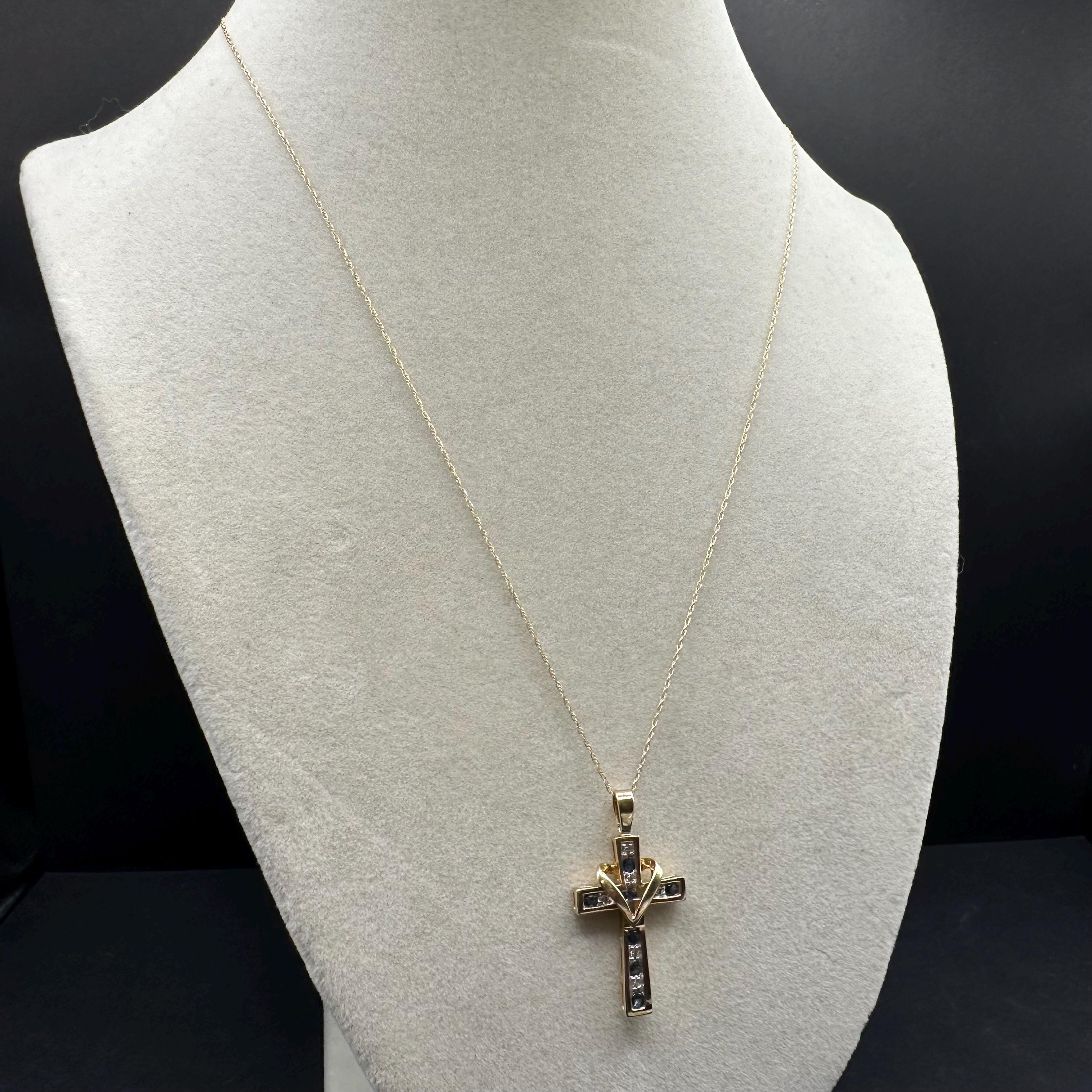 Solid 10K Gold Cross Pendant Necklace - Blue Sapphires & Diamonds - 18 Inch