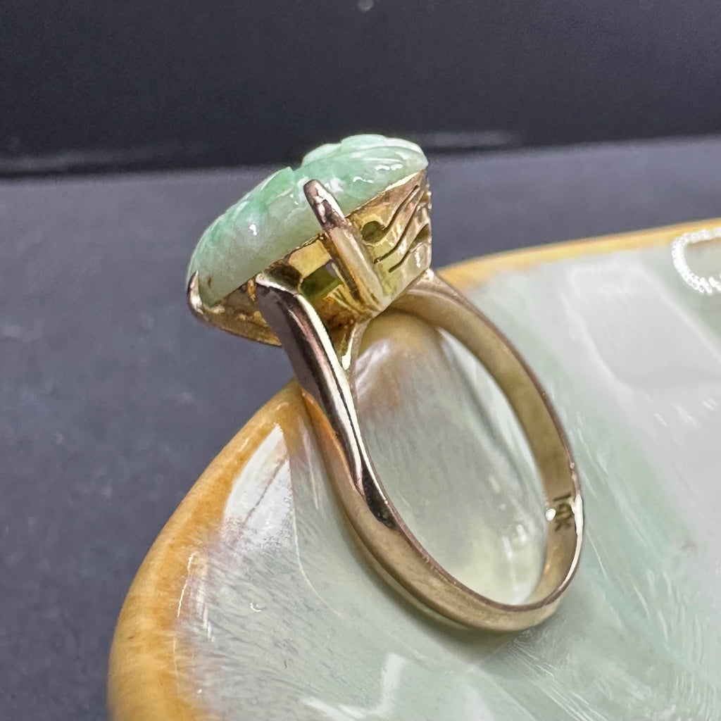 Solid 14K Yellow Gold Ring with Carved Jadeite – Size 5.5