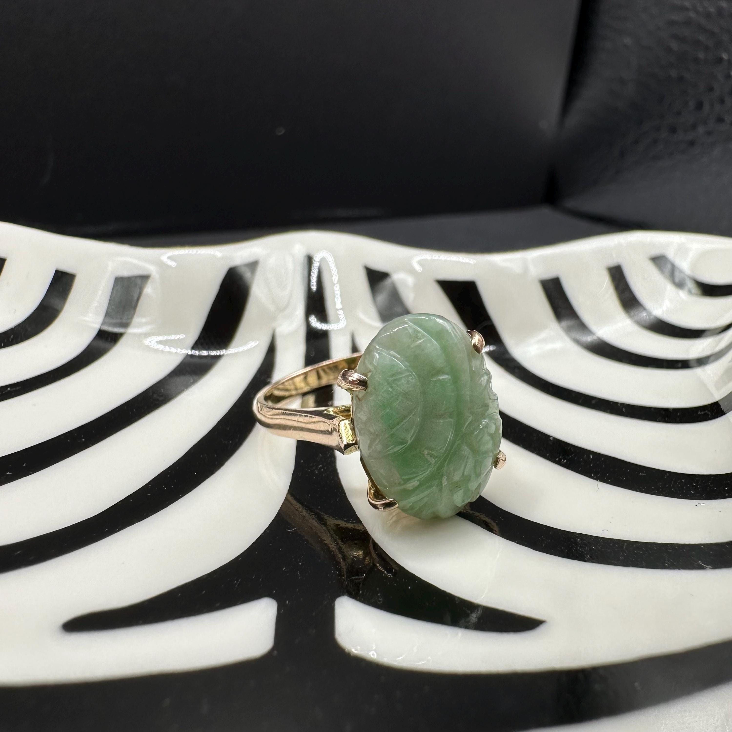 Solid 14K Yellow Gold Ring with Carved Jadeite – Size 5.5
