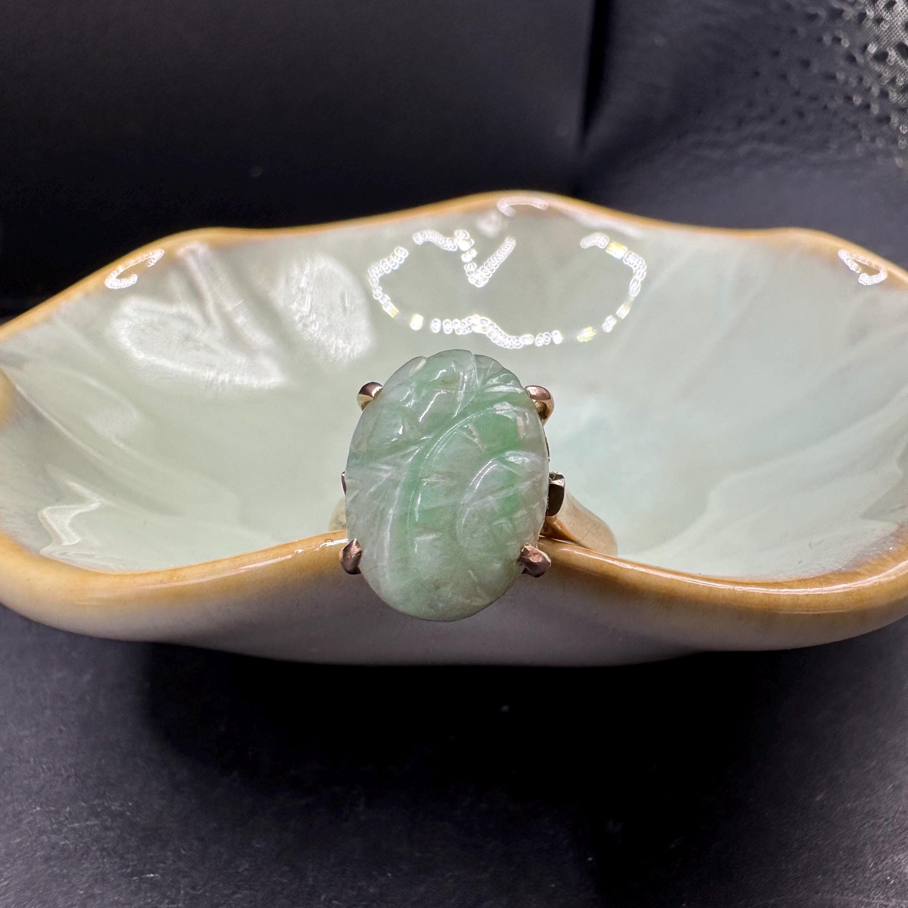 Solid 14K Yellow Gold Ring with Carved Jadeite – Size 5.5
