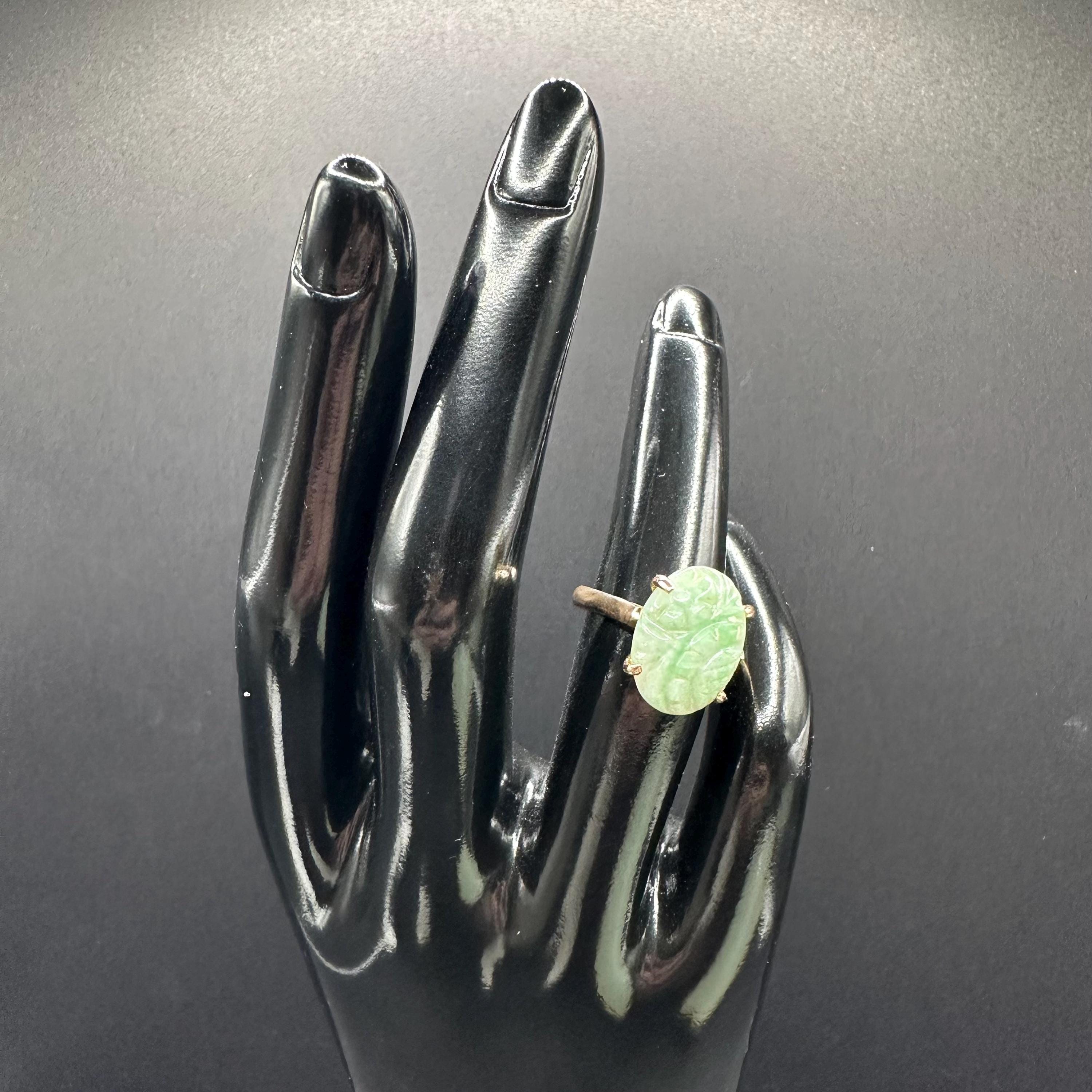 Solid 14K Yellow Gold Ring with Carved Jadeite – Size 5.5
