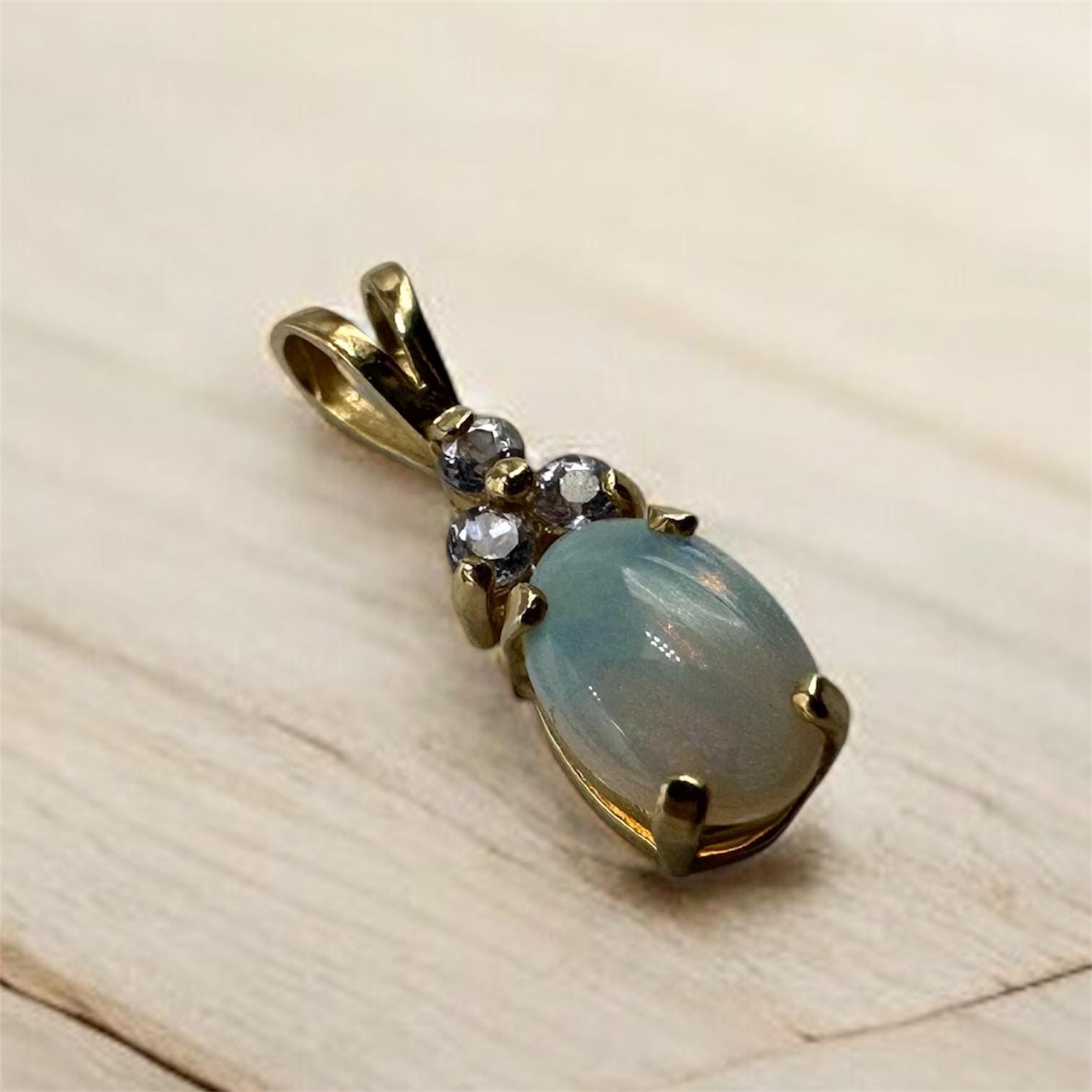 Solid 14K Yellow Gold Pendant with Oval Opal & Tanzanite Accents
