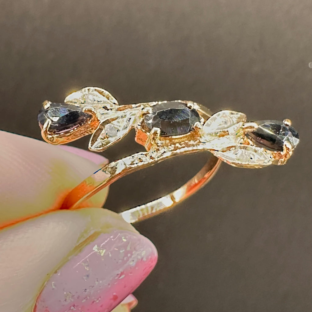 Solid 14K Yellow Gold Ring with Blue Sapphires and Diamond Accents – Size 7