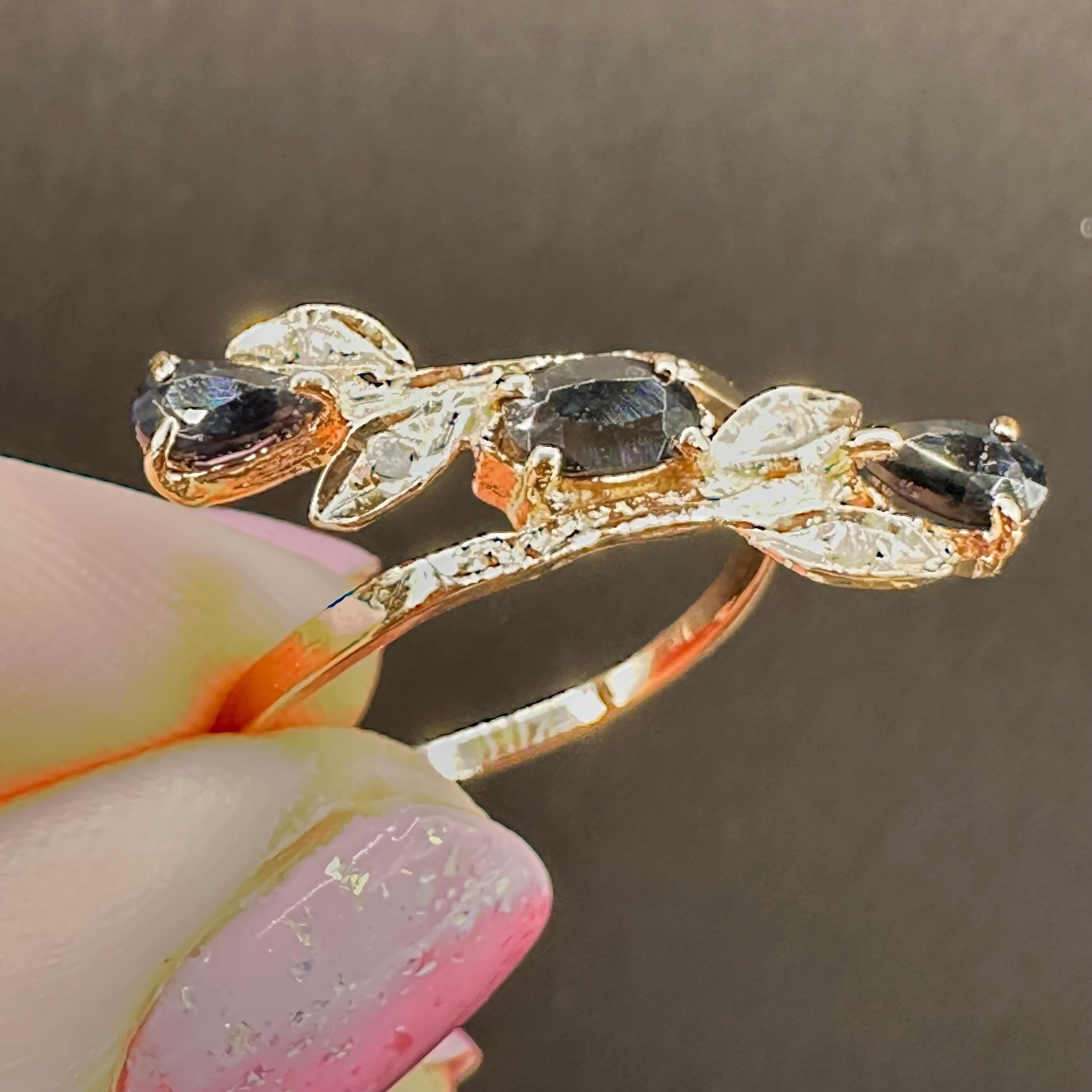 Solid 14K Yellow Gold Ring with Blue Sapphires and Diamond Accents – Size 7