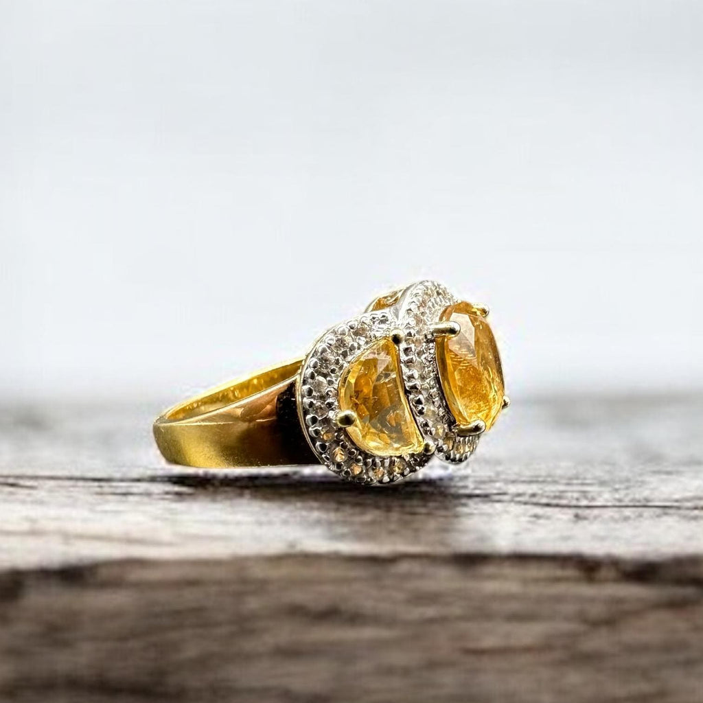 925 Sterling Silver Gold Vermeil Ring with Yellow Gems & Halo Accents - Size 10