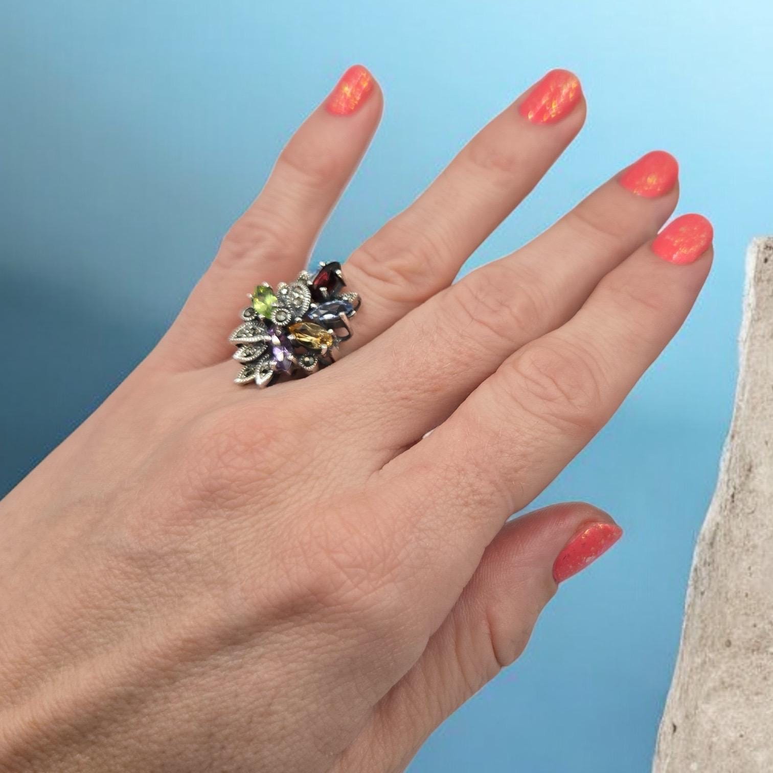 Sterling Silver Ring with Emerald Amethyst Citrine & Aquamarine - Sz 6