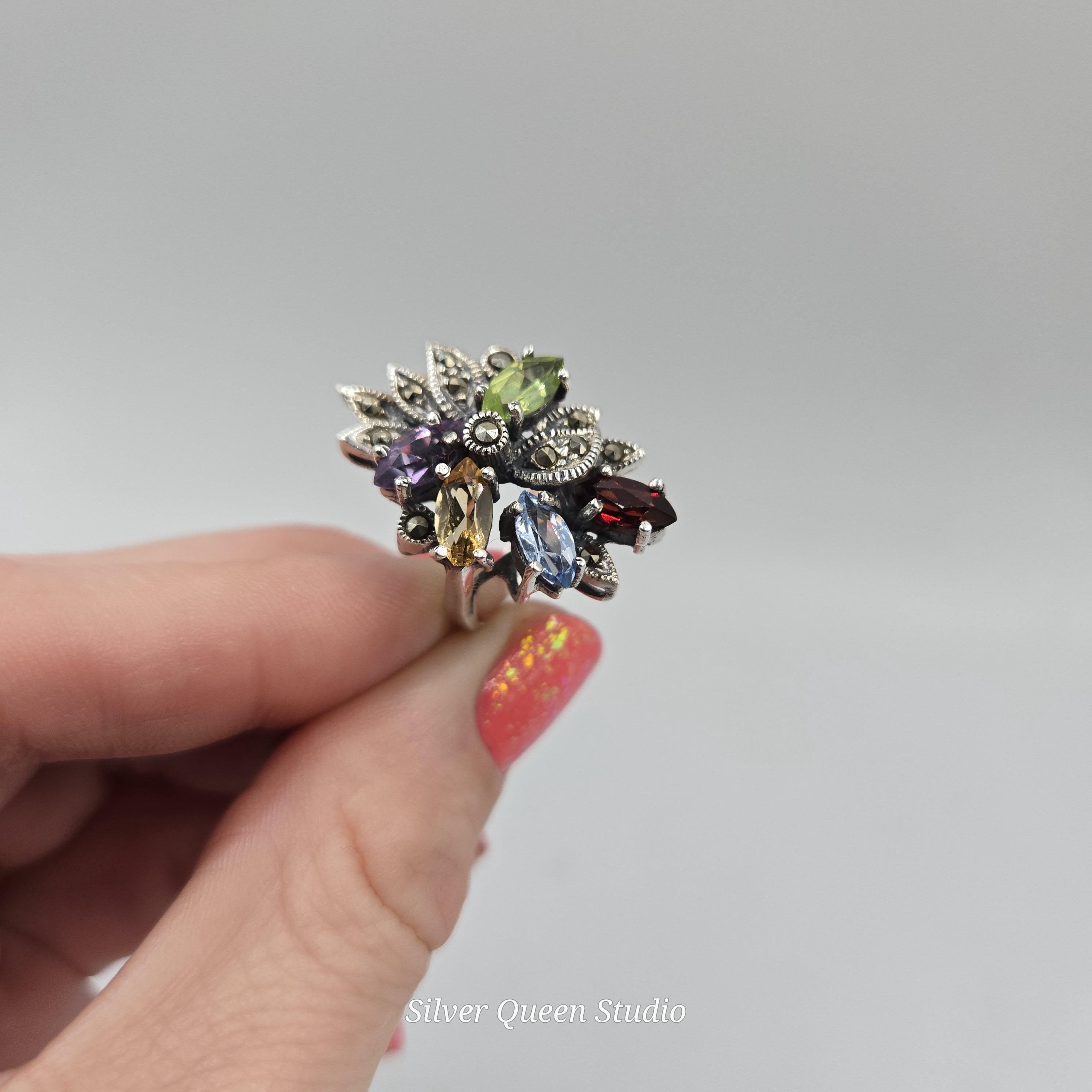 Sterling Silver Ring with Emerald Amethyst Citrine & Aquamarine - Sz 6