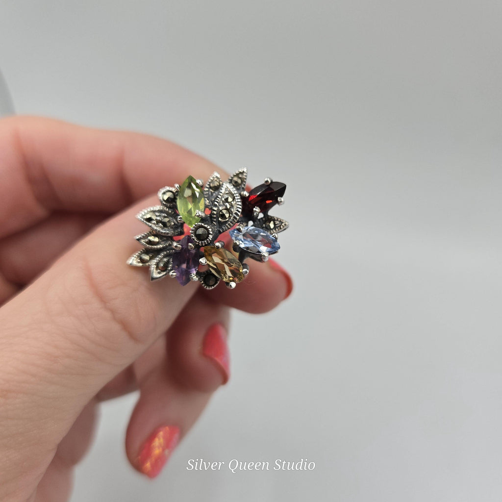Sterling Silver Ring with Emerald Amethyst Citrine & Aquamarine - Sz 6