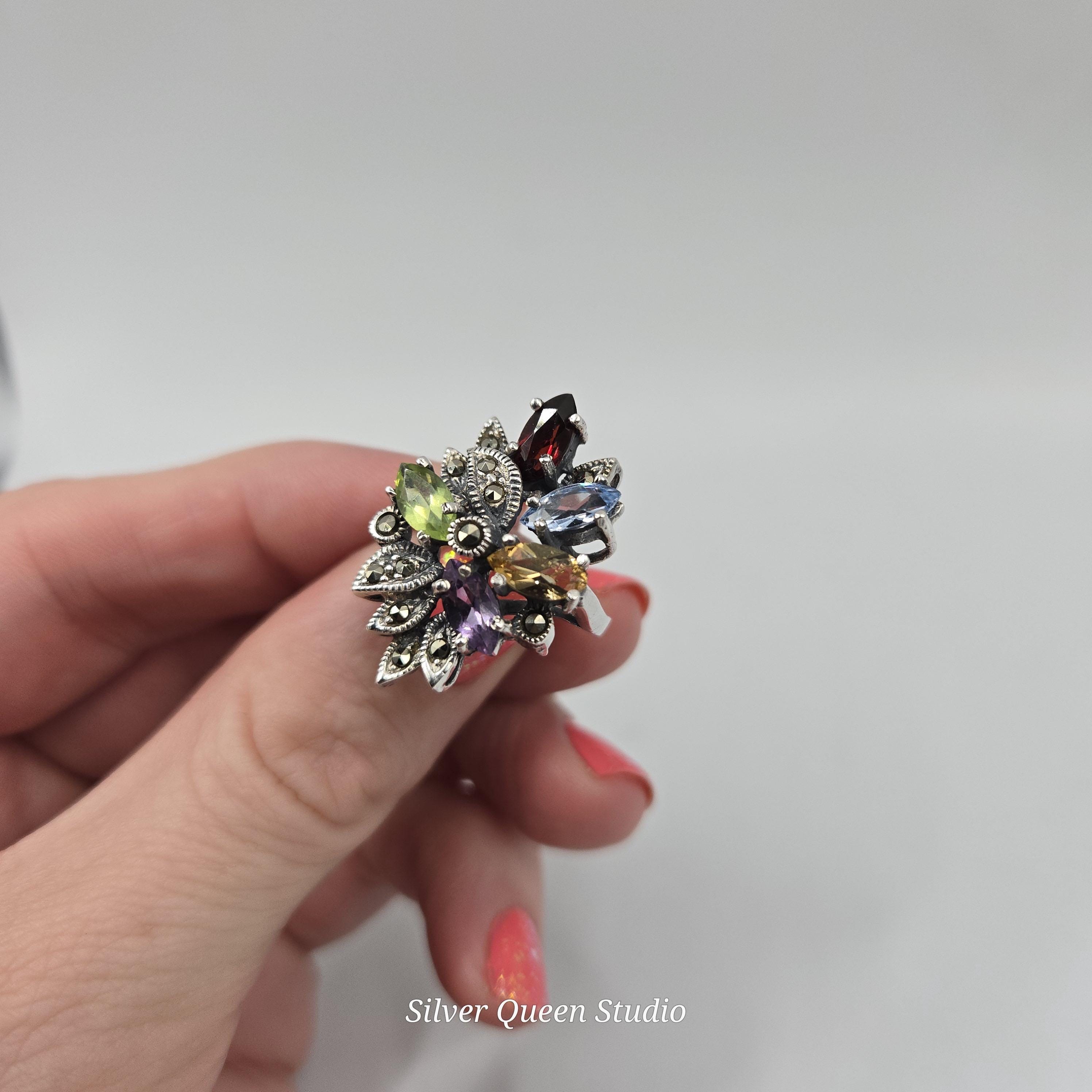 Sterling Silver Ring with Emerald Amethyst Citrine & Aquamarine - Sz 6