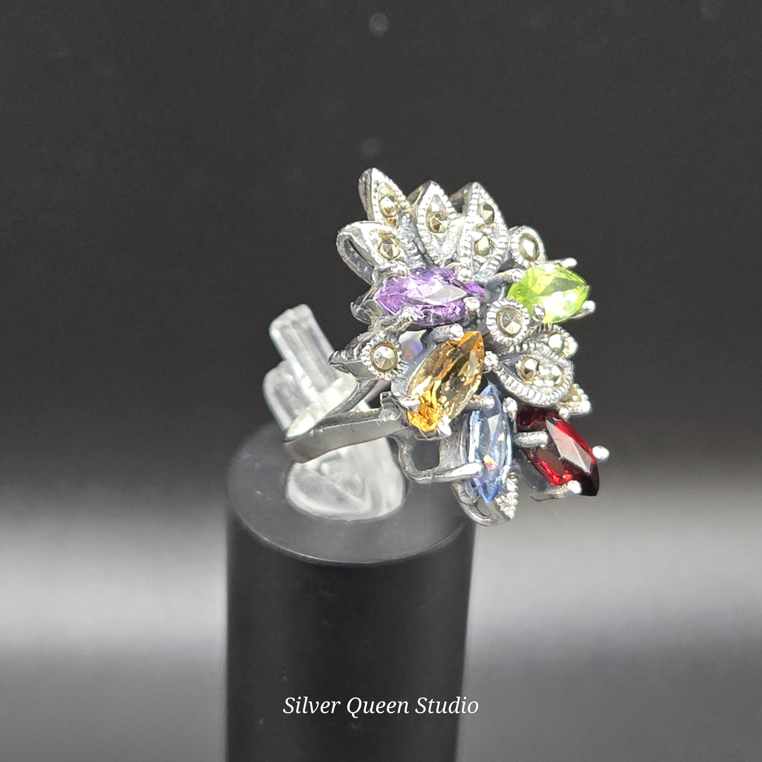 Sterling Silver Ring with Emerald Amethyst Citrine & Aquamarine - Sz 6