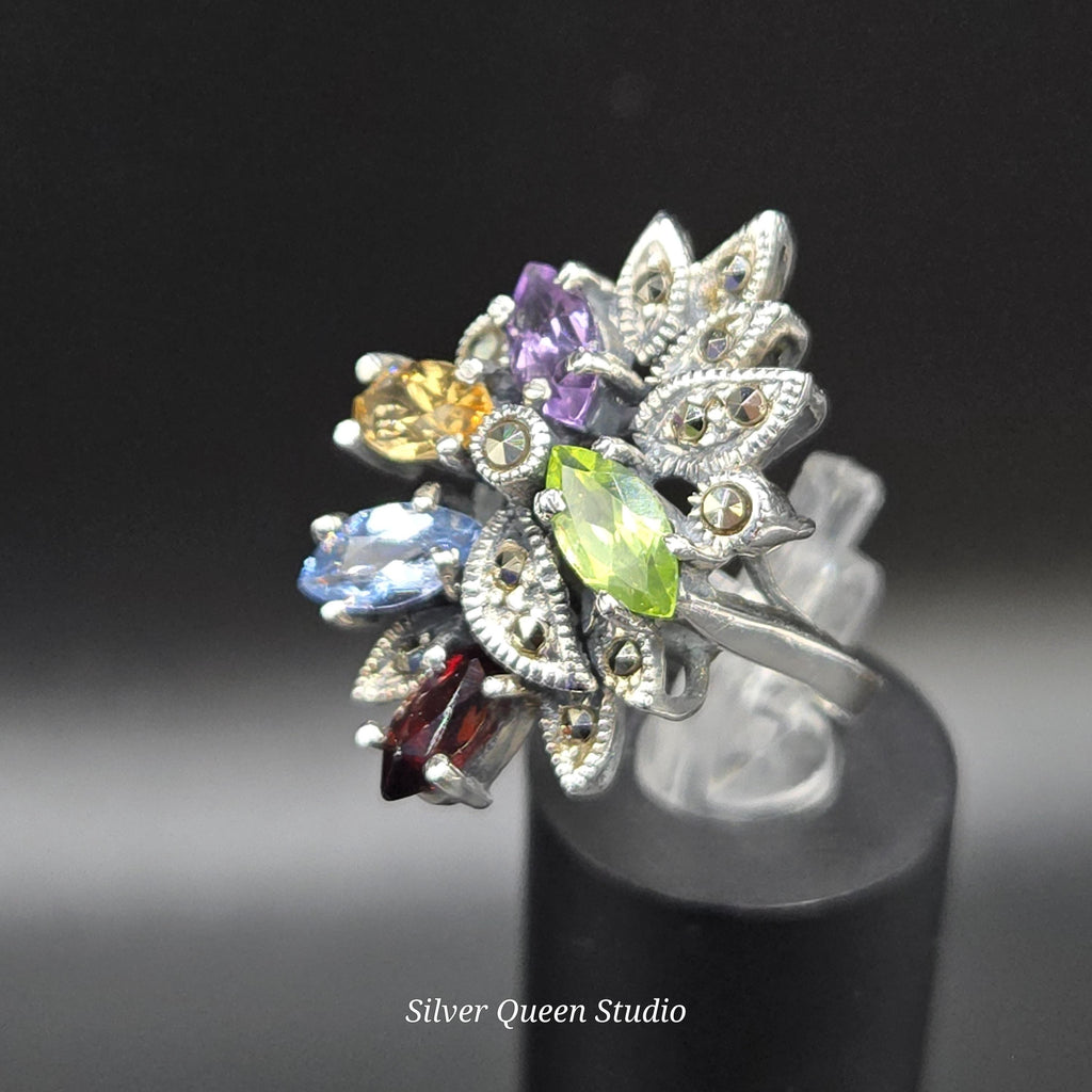 Sterling Silver Ring with Emerald Amethyst Citrine & Aquamarine - Sz 6